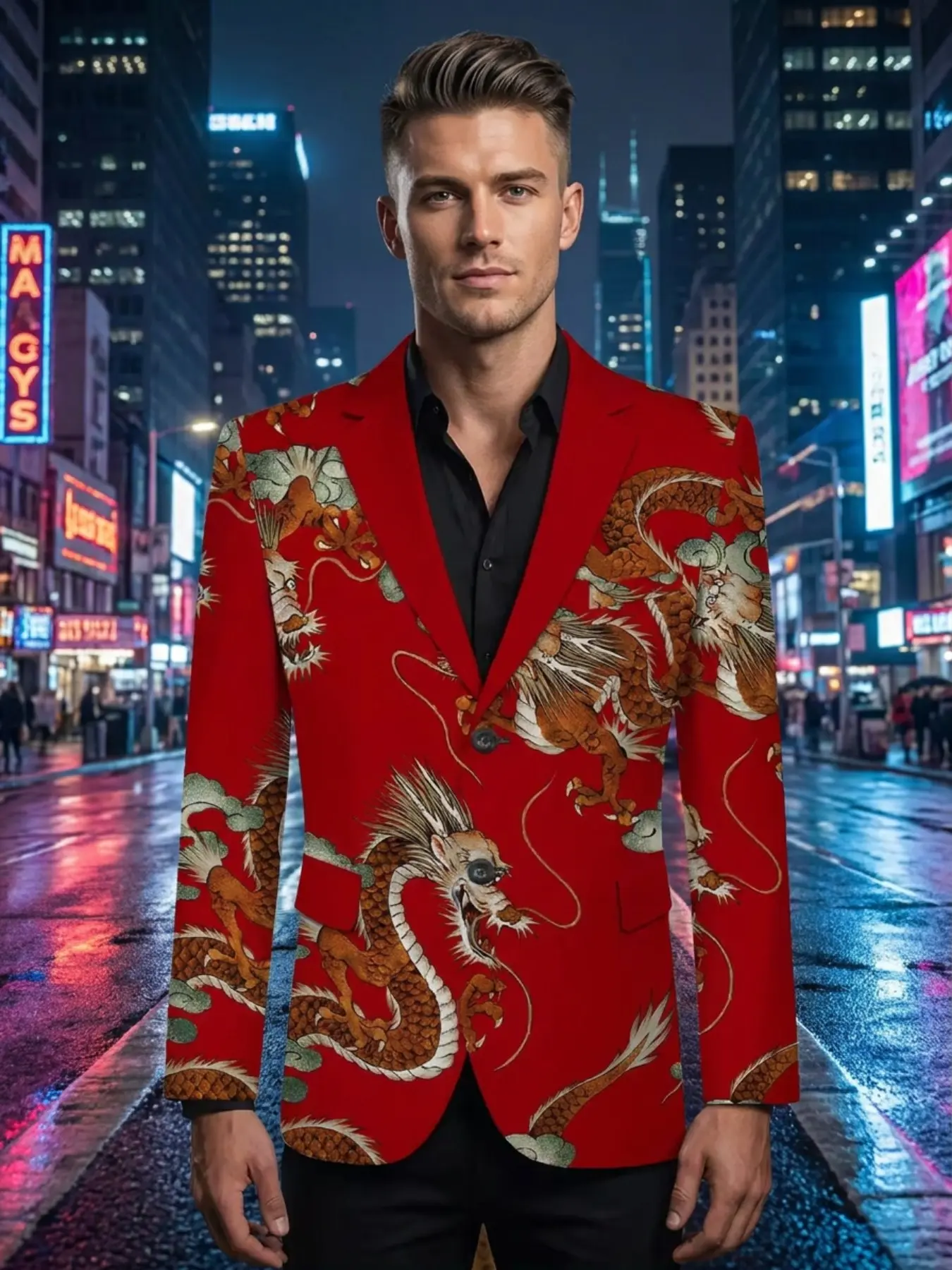 Men's red Chinese-style blazer with an all-over auspicious dragon print, featuring traditional Chinese dragon and cloud patterns. Bold and eye-catching, perfect for New Year celebrations, themed dinners, or stage shows.