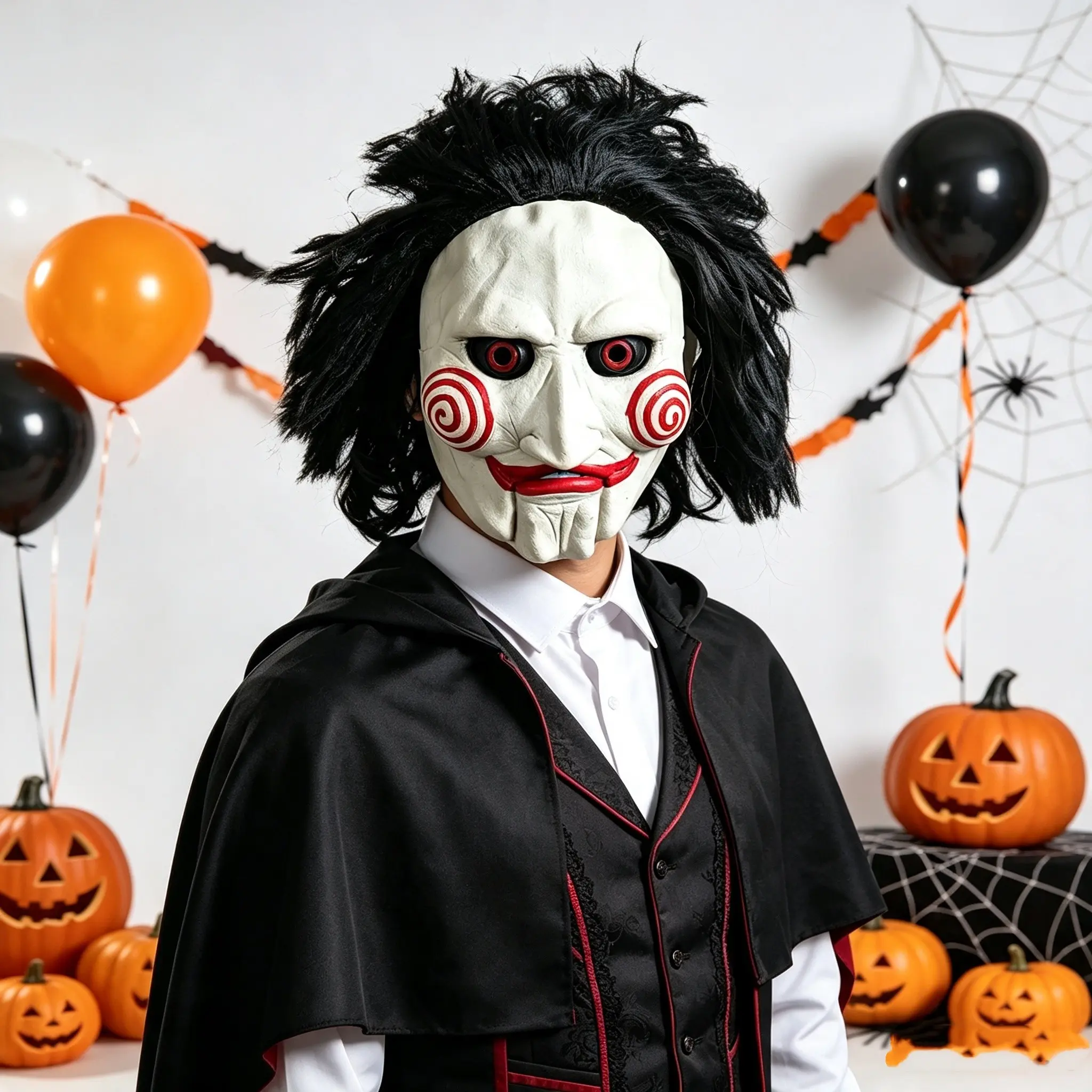 1PC Halloween Scary Puppet Latex Mask, Black Hair & Red Spiral Pattern Full Head Mask, Halloween Cosplay Costume Prop, Mask Design