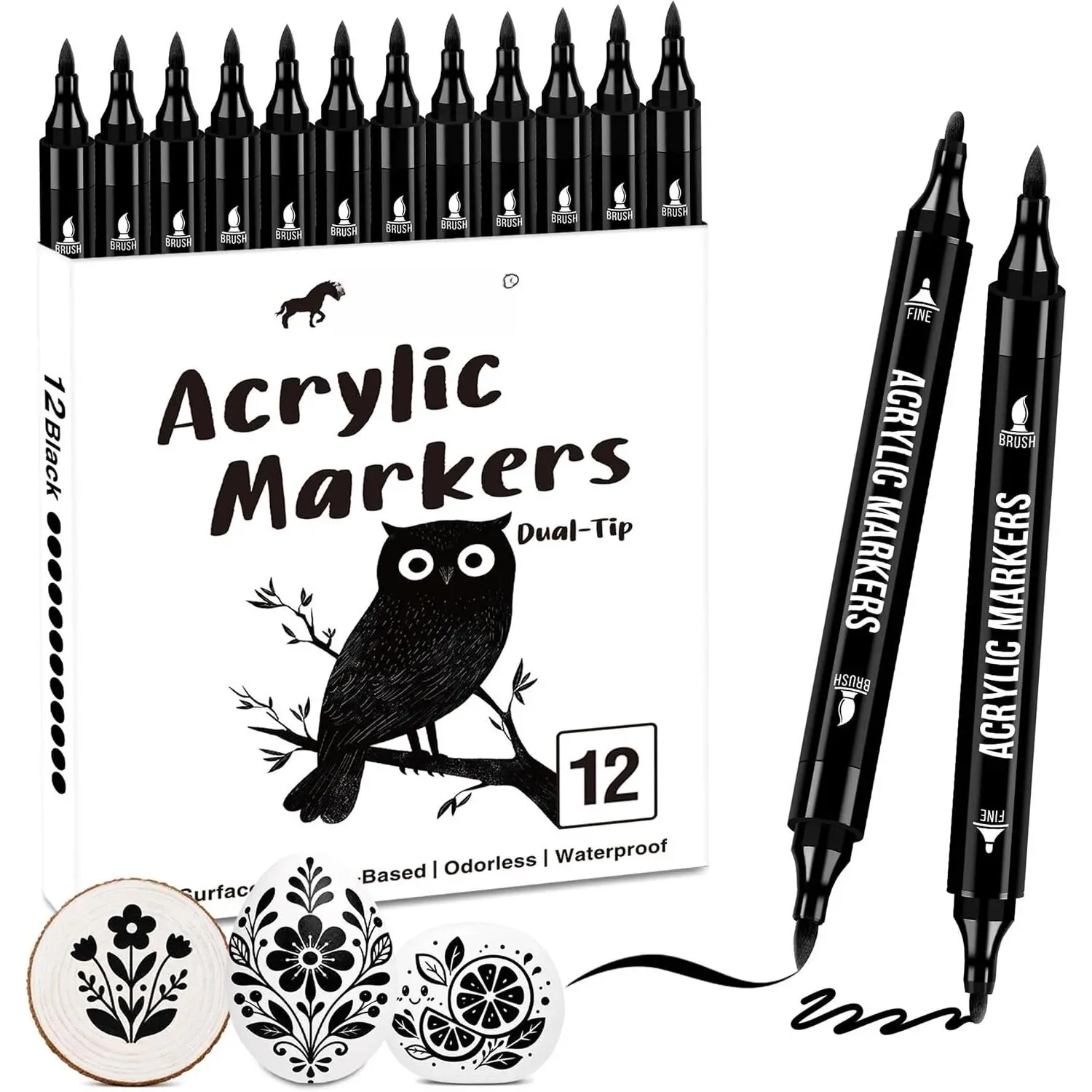 Black   Markers, 12  Tip with Fine Tip and Brush Tip Pens for Fabric, Stone, , Canvas, Ceramic, Metal, Glass, Rock Painting, DIY Crafts