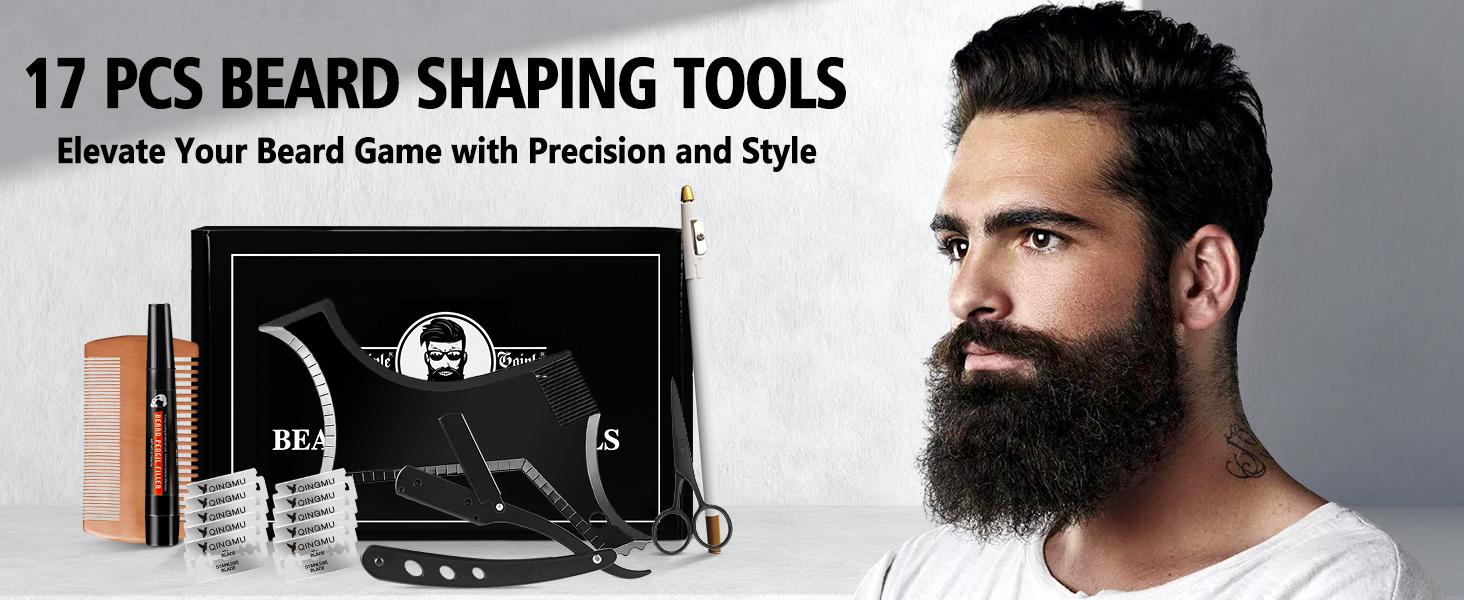 Beard Shaper for Men Beard Shaping Tools - Beard Template Guide, Professional Straight Edge Razor, 10 PCS Double Edge Blade, Barber Pencil, Beard Comb, Stainless Steel Scissor Mustache Lineup Tools