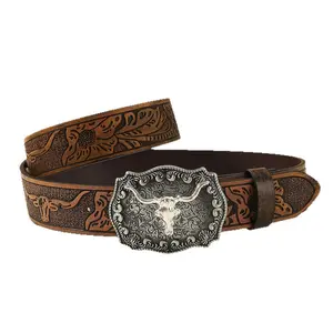 Western Belt For Men Women Longhorn Buckle Tooled Leather Country Concert Elastic Cincher with Golden Design