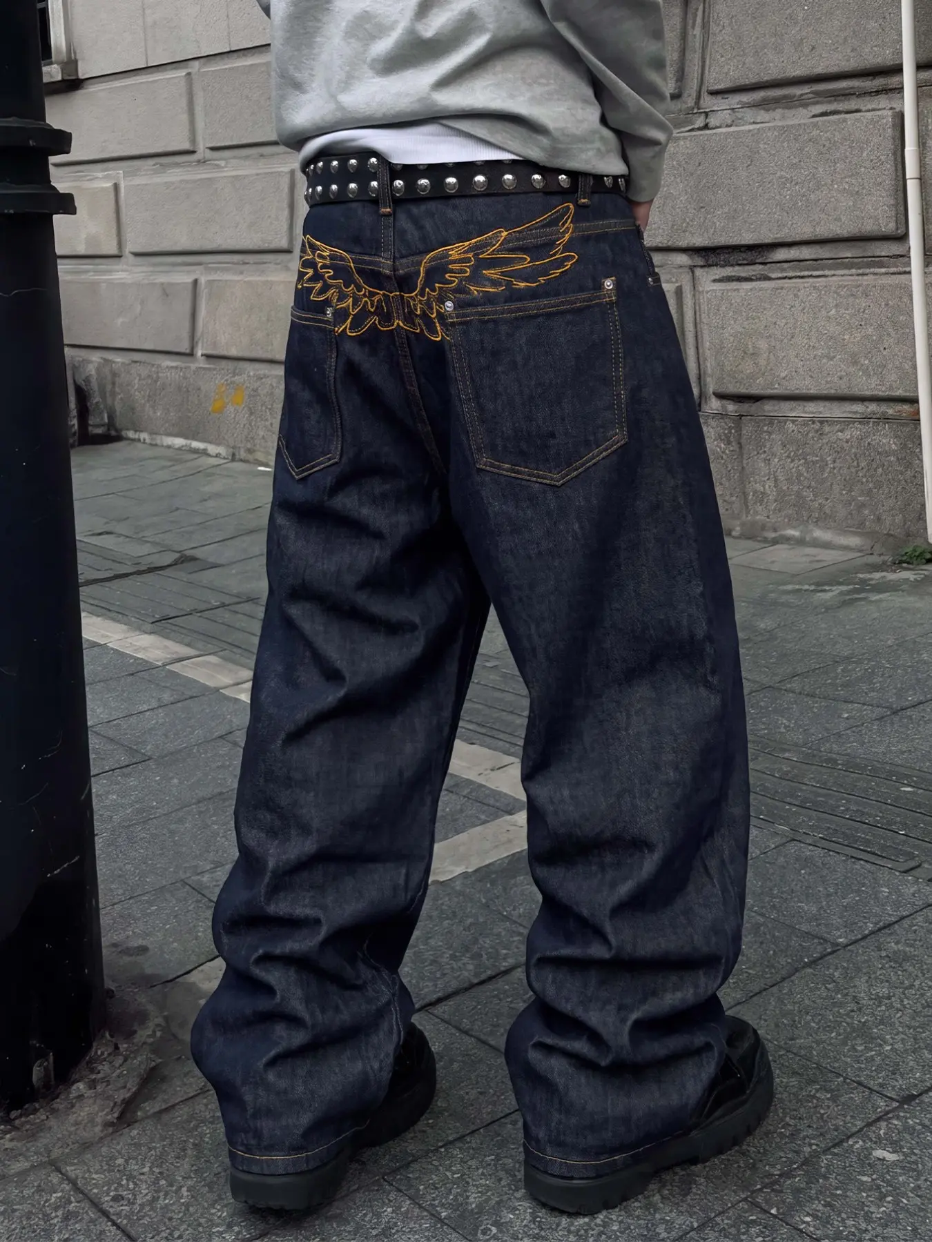 Men's Original Color Denim Jeans, Back Wing Embroidery Design, American Y2K Trendy Streetwear, Loose-Fitting, Casual Style, All Seasons