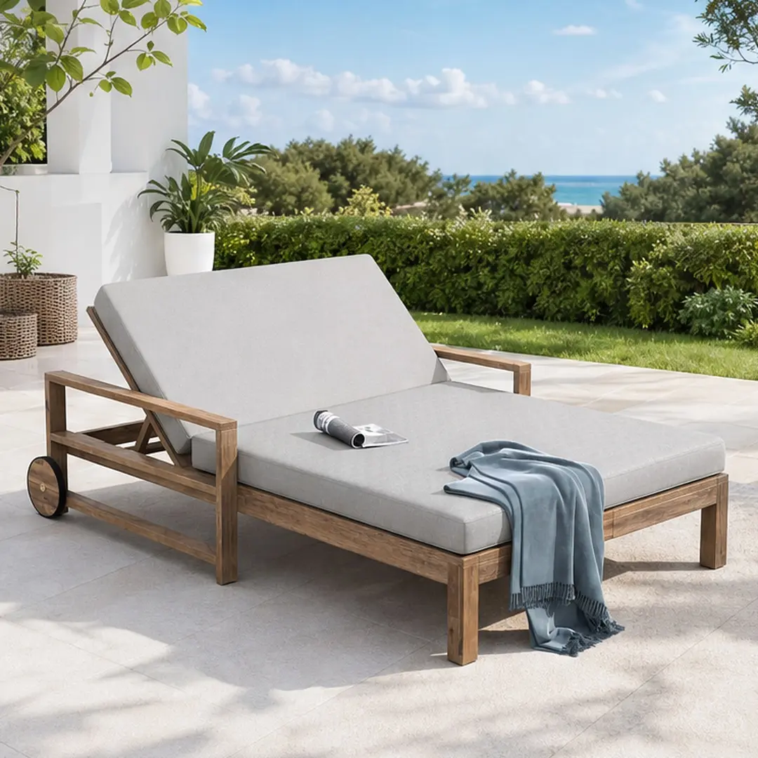 ARCH 1-Piece Casual Rustic Farmhouse Solid Acacia Wood Outdoor Sunbed Daybed - Grey, 2-Seat, Adjustable Backrest, Smooth-Rolling Wheels, with Cushion, Waterproof, Weather-Resistant, 76x55x33", Assembly Required, Garden Backyard Furniture Set, 93.70 lb, Ba