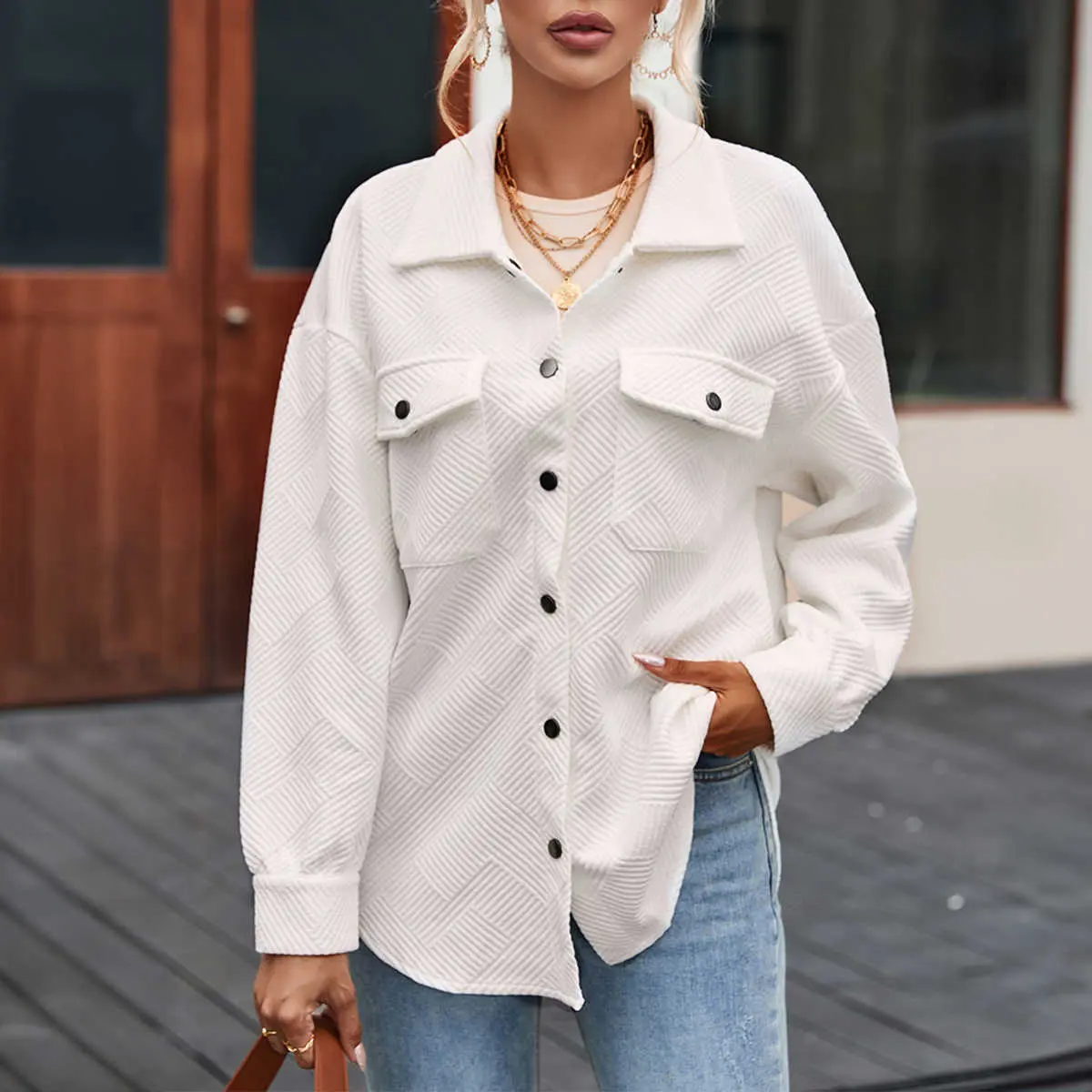 Solid Textured Flap Pocket Buttoned Shacket