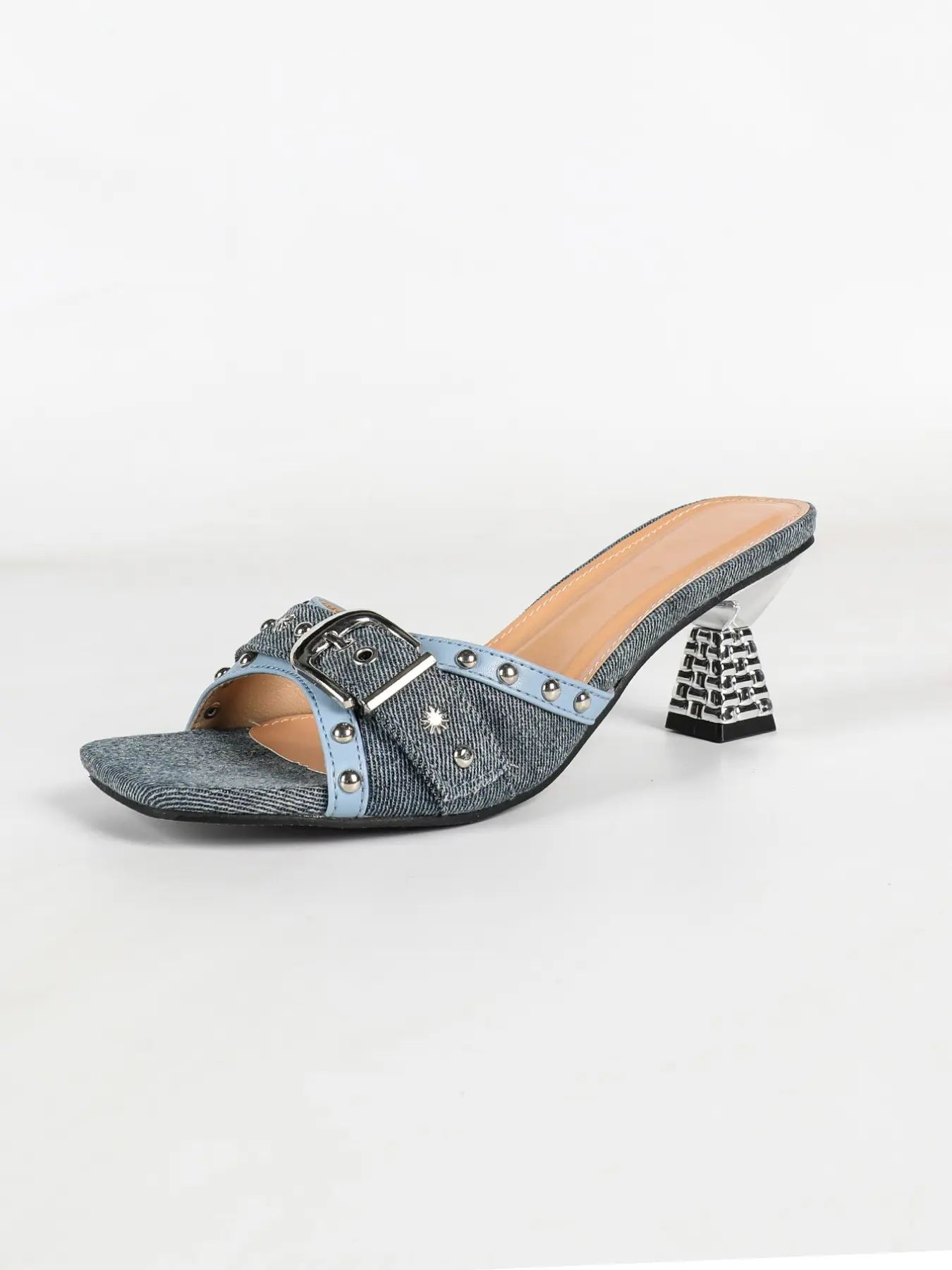 Women's Denim Rivets Buckle Decor Heeled Sandals, Summer Y2K Edgy Streetwear Square Toe Slip On  Unique Woven Heel Mule Sandals for Daily Festival Party