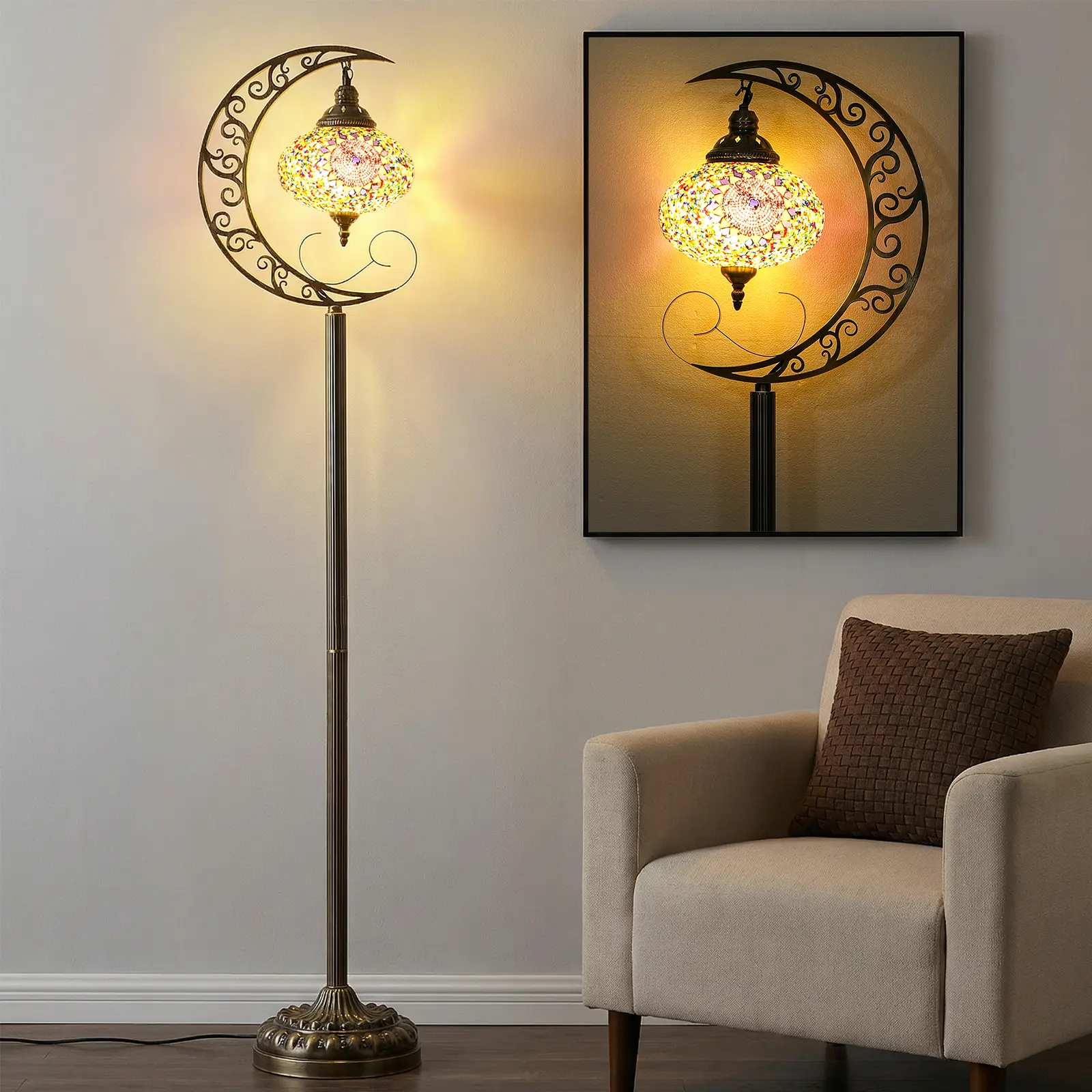 Turkish Moroccan Mosaic Floor Lamp, 60 Inch Moon Design Standing Light, Tiffany Style Bohemian Vintage Stained Glass Floor Lamp for Living Room Bedroom Corner Decor