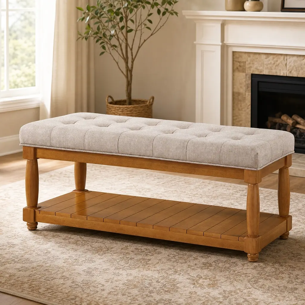 Linen Tufted Arch Upholstered Storage Bench - Poplar Wood Spindle Legs, Foam Cushion, Shelf, Hidden Compartment, Espresso Tone, 44.25x16.75x18in Armless Backless Accent Stool, Small Spaces, 32.00 lb, All Tools & Instructions, Space Saving for Bedroom