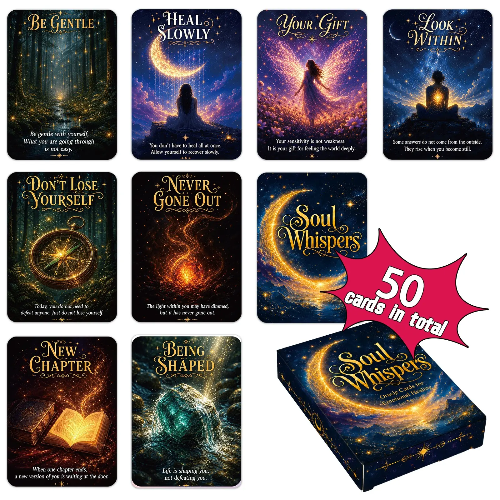 Soul Whispers Emotional Healing Oracle Deck, Inspirational Message Cards for Anxiety Relief & Inner Peace, Daily Affirmation Cards, Spiritual Growth Gift for Friends, Tarot Alternative