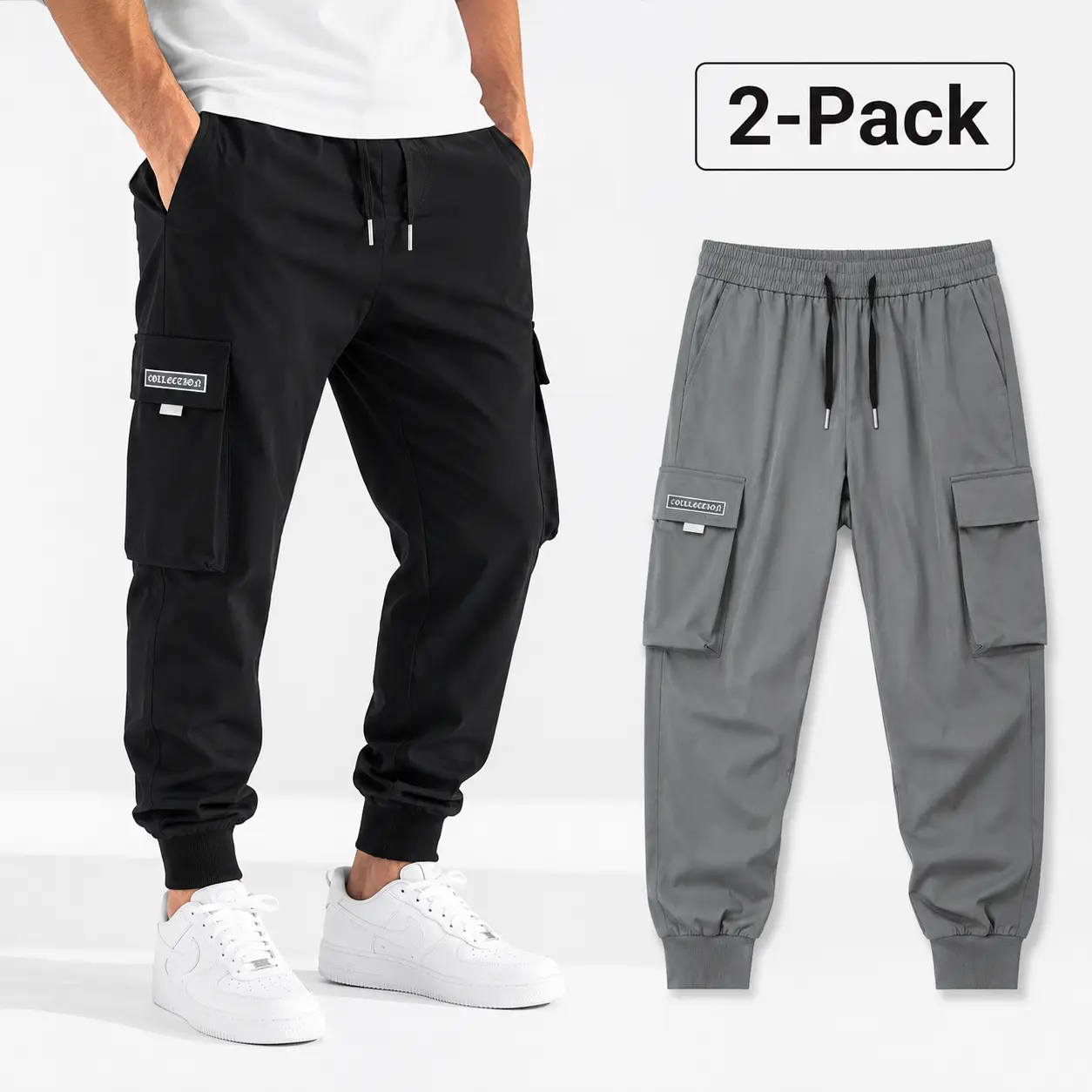 Men's 2-Pack Fitted Athleisure Jogger Pants - Adjustable Stretch, Regular Fit, Letter Patched Pockets, Drawstring Waist, All Seasons, Cold/Machine Washable, Casual Comfy Workout Joggers for Workdays/Commutes, Sporty Chic