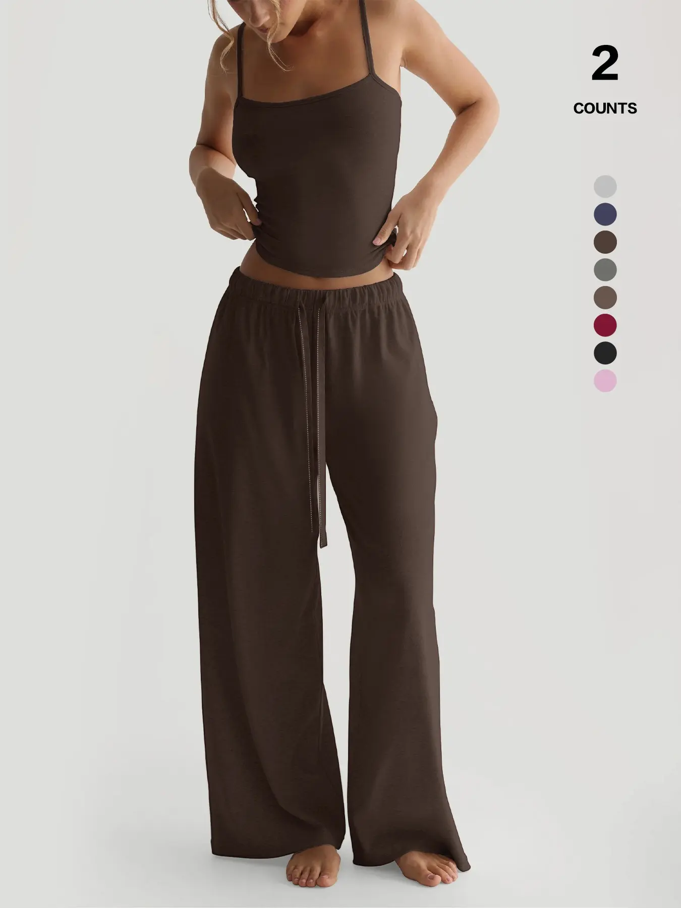 Women's 2-Piece Pajama Set, Square Neck Camisole Top & High Waist Drawstring Pants, Ultra Soft Stretch, Casual Home Sleepwear Loungewear, Neutral Colors