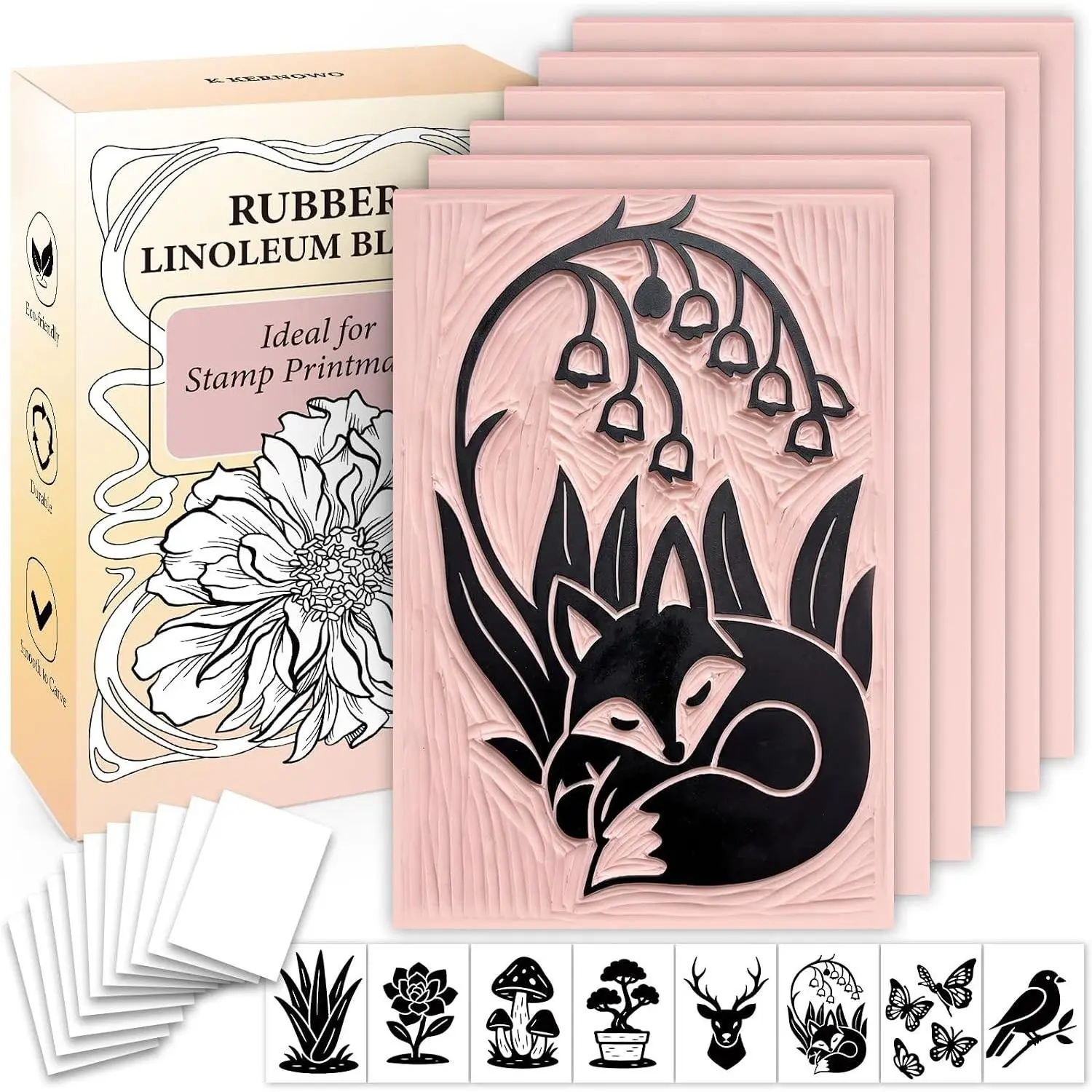 Rubber Linoleum Blocks for Printmaking, 6pcs Linocut Blocks with 8 Stencils and 10 Transfer Papers, Linocut Kit for Printing and Stamp Making DIY Art Craft