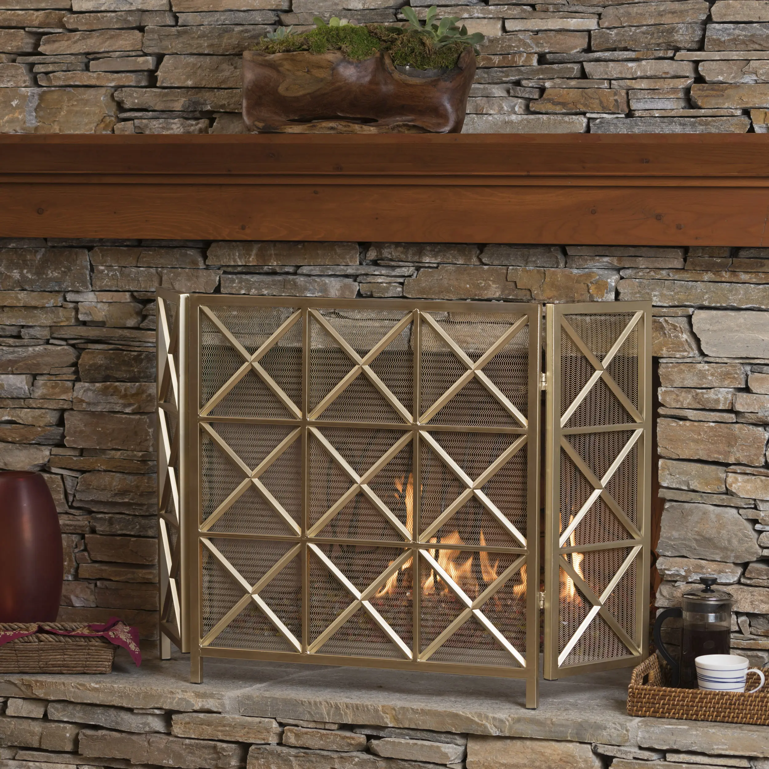 Nokaa Decorative Iron Fireplace Screen, Freestanding Fire Guard, Spark Arrestor & Ember Protector, 48.5x30.25 Inch, Gold Finish, Multiple Color Options, Living Room Home Decor