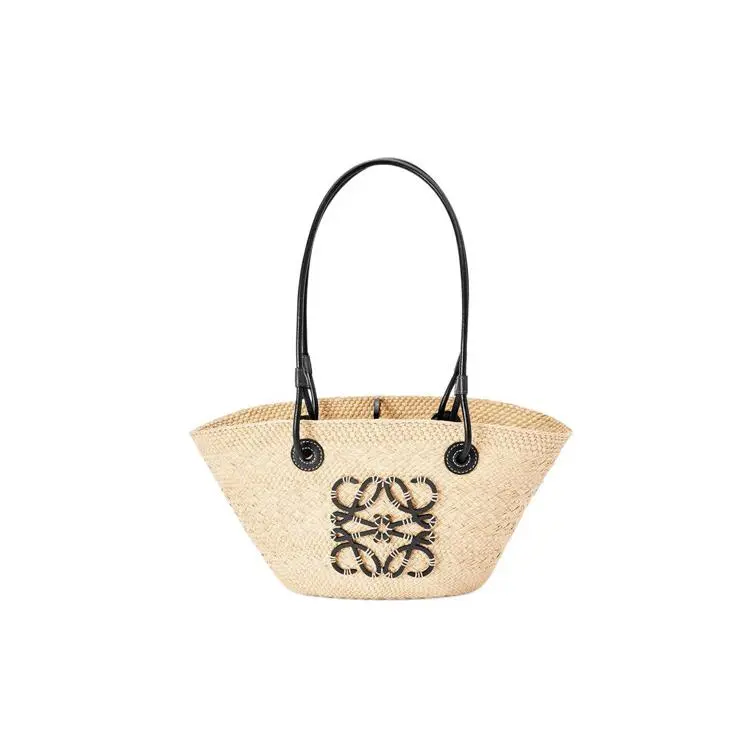 LOEWE Iraca Woven Palm Fiber and Leather Tote Bag for Women, Small Size, Black