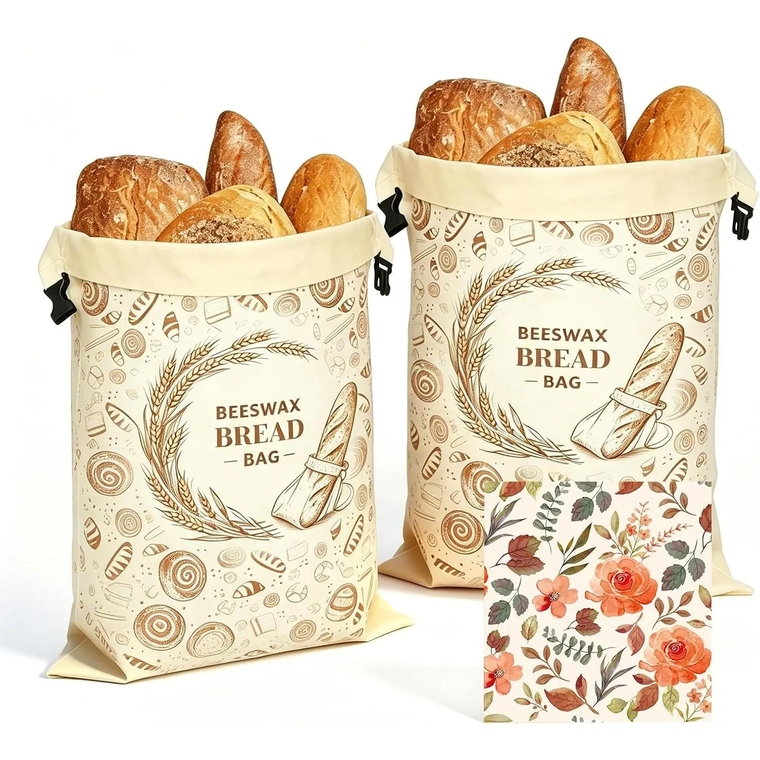 2 Pack Reusable Cotton Beeswax Bread Bags (2 Bags + 1 Bonus Wrap), 17"x13" Breathable Non-Flaking Sourdough Storage Bag with Lock Closure, Ideal for Homemade Bread & Fridge Use