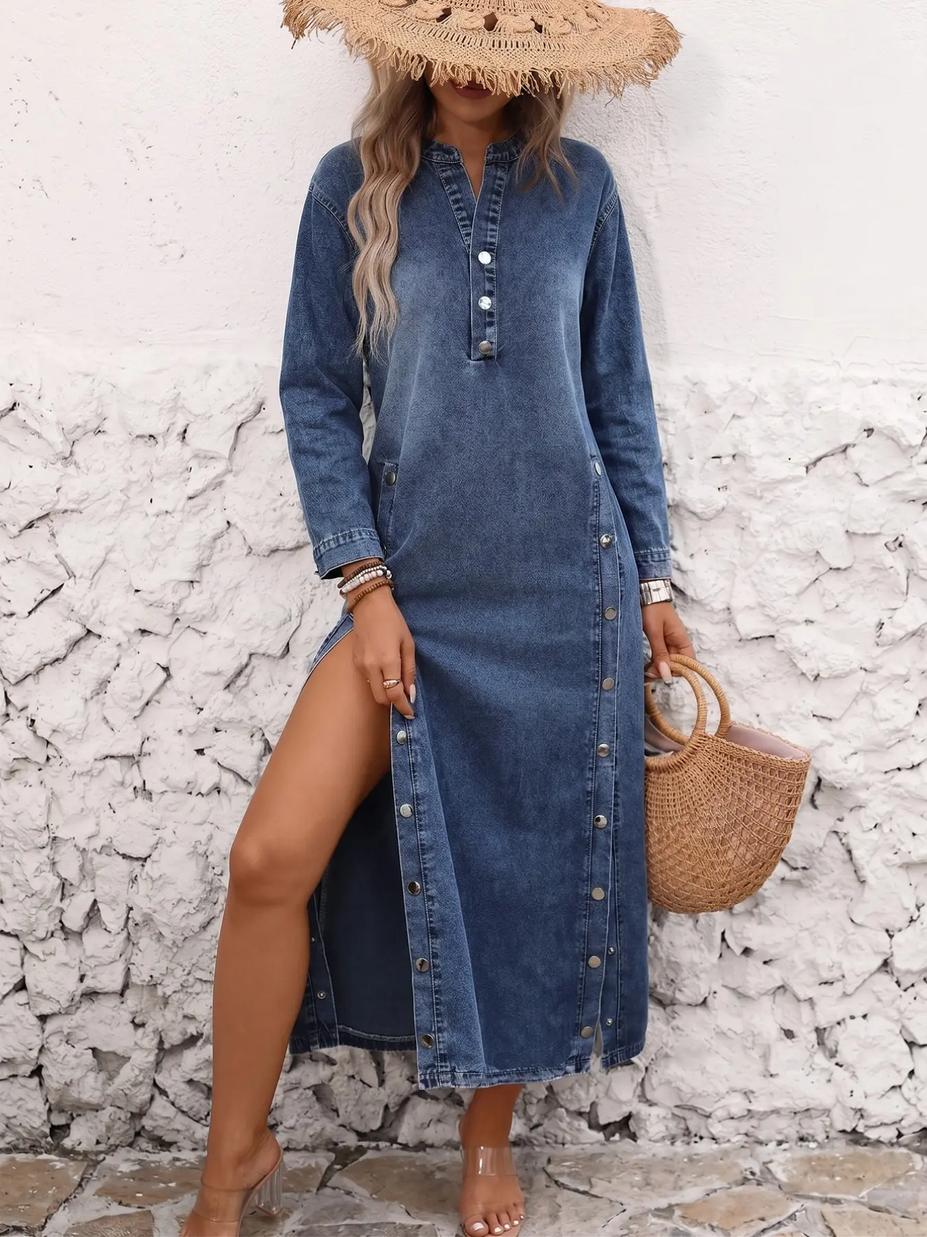 Women's Stand Collar Long Sleeve Split Hem Denim Dress, Half Button Henry Neck Side High Open Silver Color Buckle, Loose Vintage Washed Denim Long Skirt