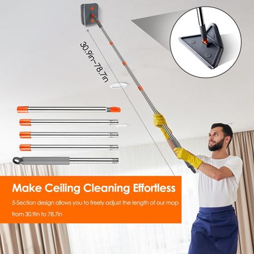 2 In 1 Baseboard Cleaner Mop Wall Cleaner Mop With Squeegee Extendable Long Handle 8 Reusable Fiber Flannel Chenille Mop Pads 360 °   Rotatable Convex Design-5161