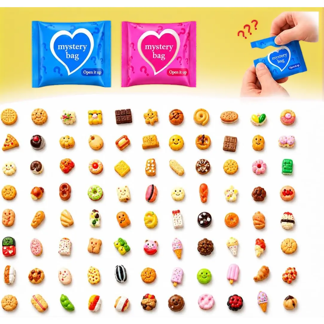 100 PCS Mystery Bag Mini Resin Food Blind Bags, Cute Tiny Food Figurines Surprise Box Toys for Kids, Dessert Snack Collectibles for Party Favors Classroom Prizes Goodie Bag Stuffers Dollhouse Decor
