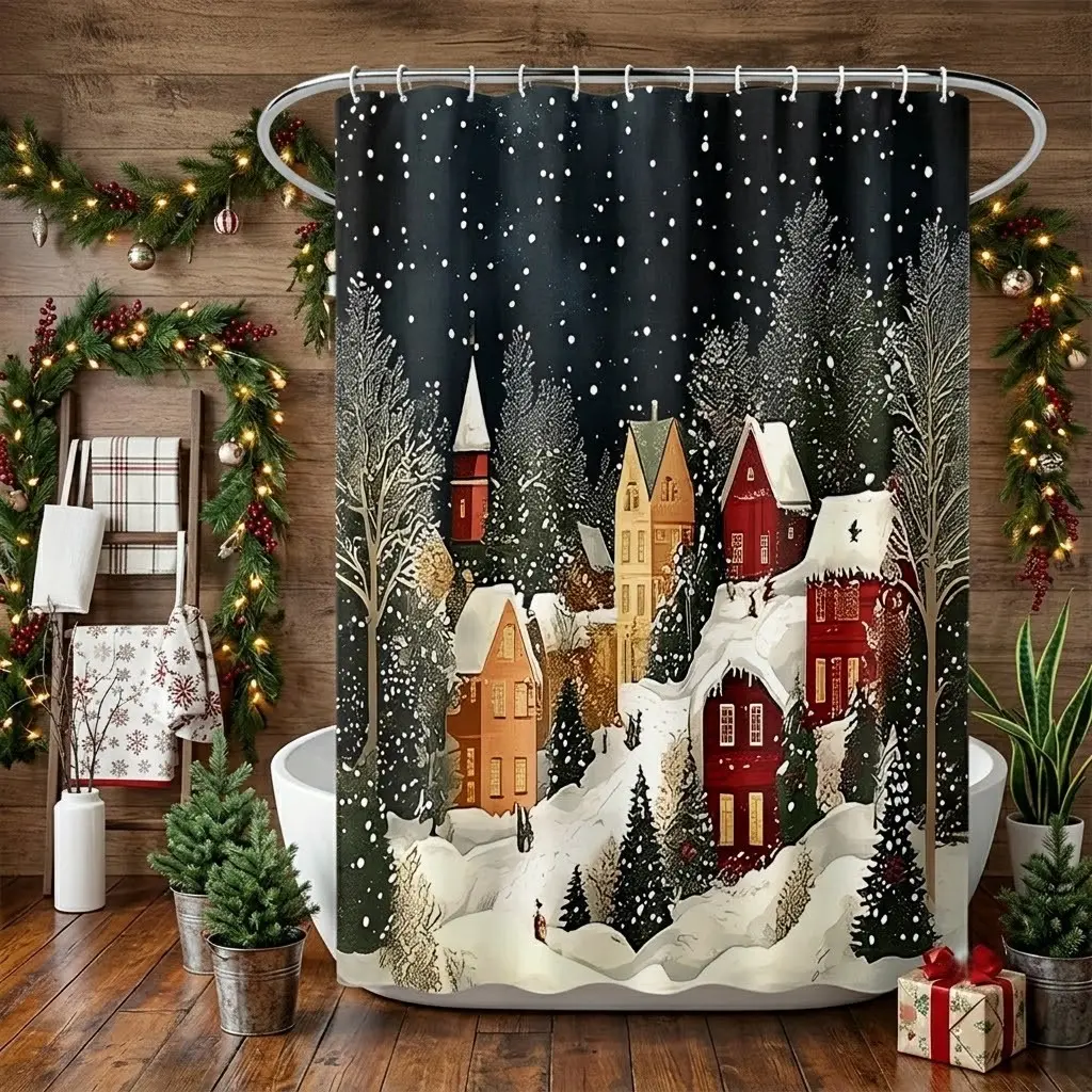 1pcs Christmas Winter Snowy Alpine Village Shower Curtain, Snow-Covered Colorful Wooden Cottages, Snowy Conifer Trees And Falling Snowflakes Night Scene Print, Cozy Nordic Holiday Landscape Fabric Curtain For Household Bathroom Festive Interior Decor
