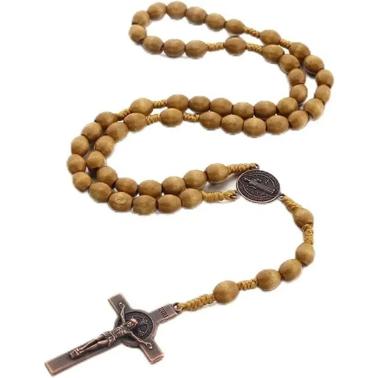 Unisex Solid Wood Rosary Beads Necklace - 22 in Y Chain, Metal Cross, Holy Soil Medal, Rosary Pattern, Religious Prayer Gift for Jewelry Enthusiasts