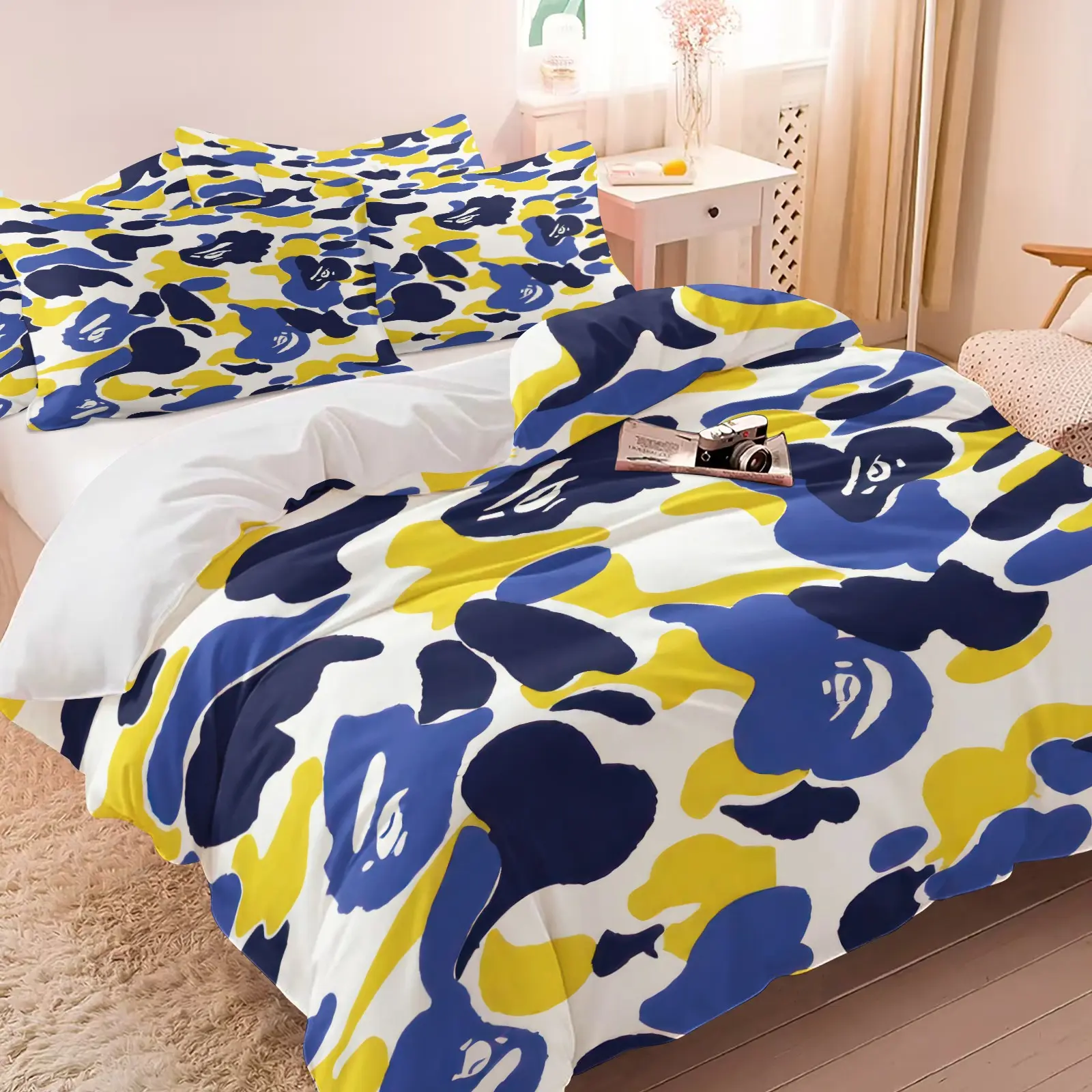 Blue & Yellow Camo 3-Piece Duvet Cover Set, Ultra-Soft Microfiber Bedding with 1/2 Pillowcases (No Insert), HD All Season Printing,Bright Streetwear Bedding for Teens Adults Bedroom Dorm Decor, Comfy Bed Sets, Bed Covers