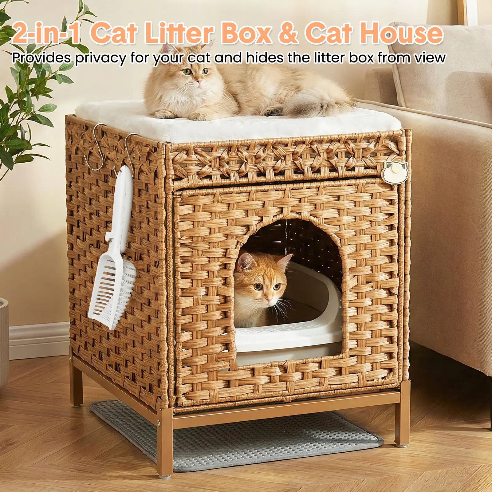 Rattan Cat Litter Box Cabinet – Hidden Litter Furniture with Cushion, Hooks & Mat – Decorative, Odor Control & Ventilated for Indoor Cats