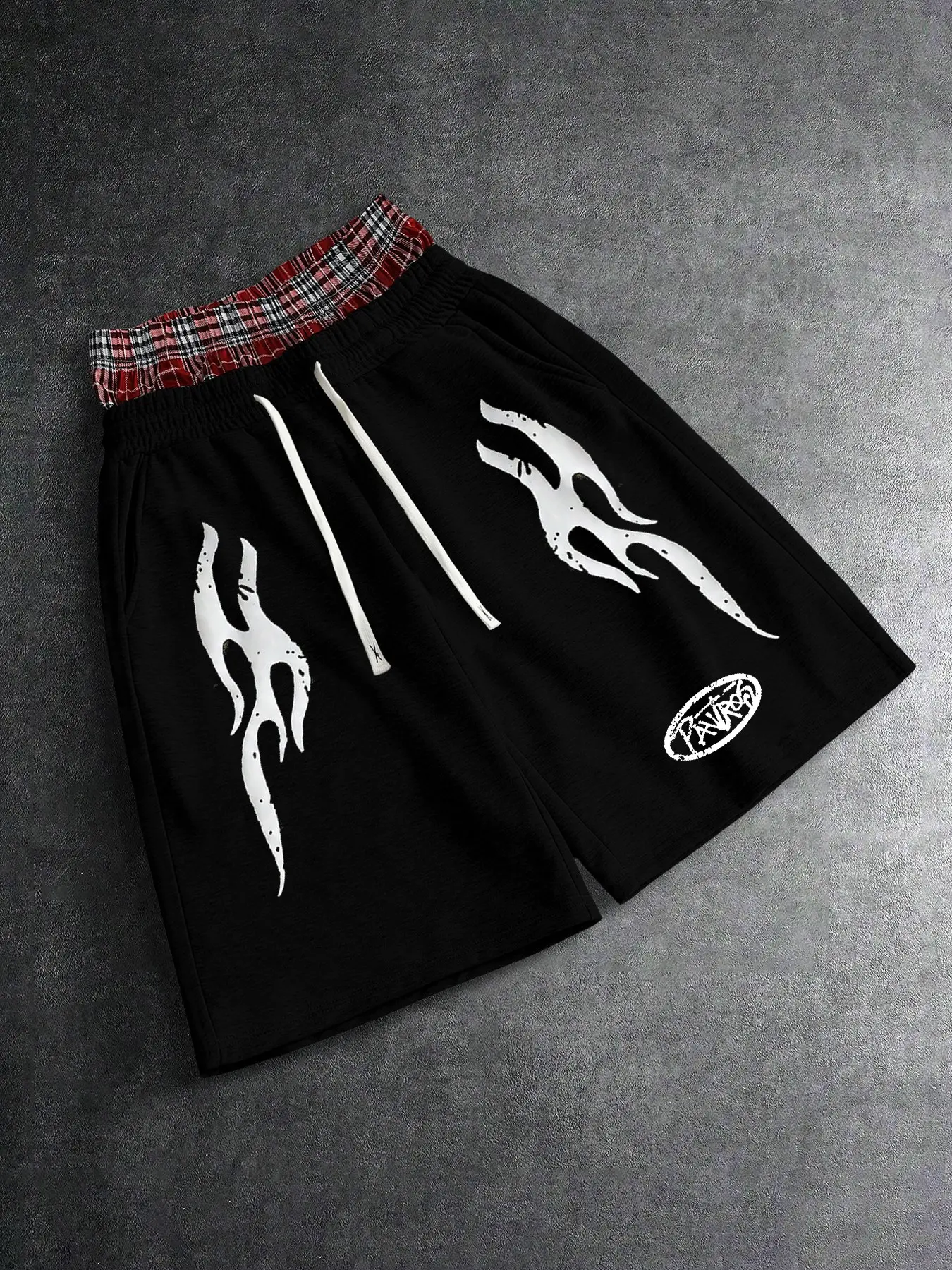 Men's Gothic Flame Print Athletic Shorts, Red Plaid Waist Patchwork Streetwear Sweat Shorts