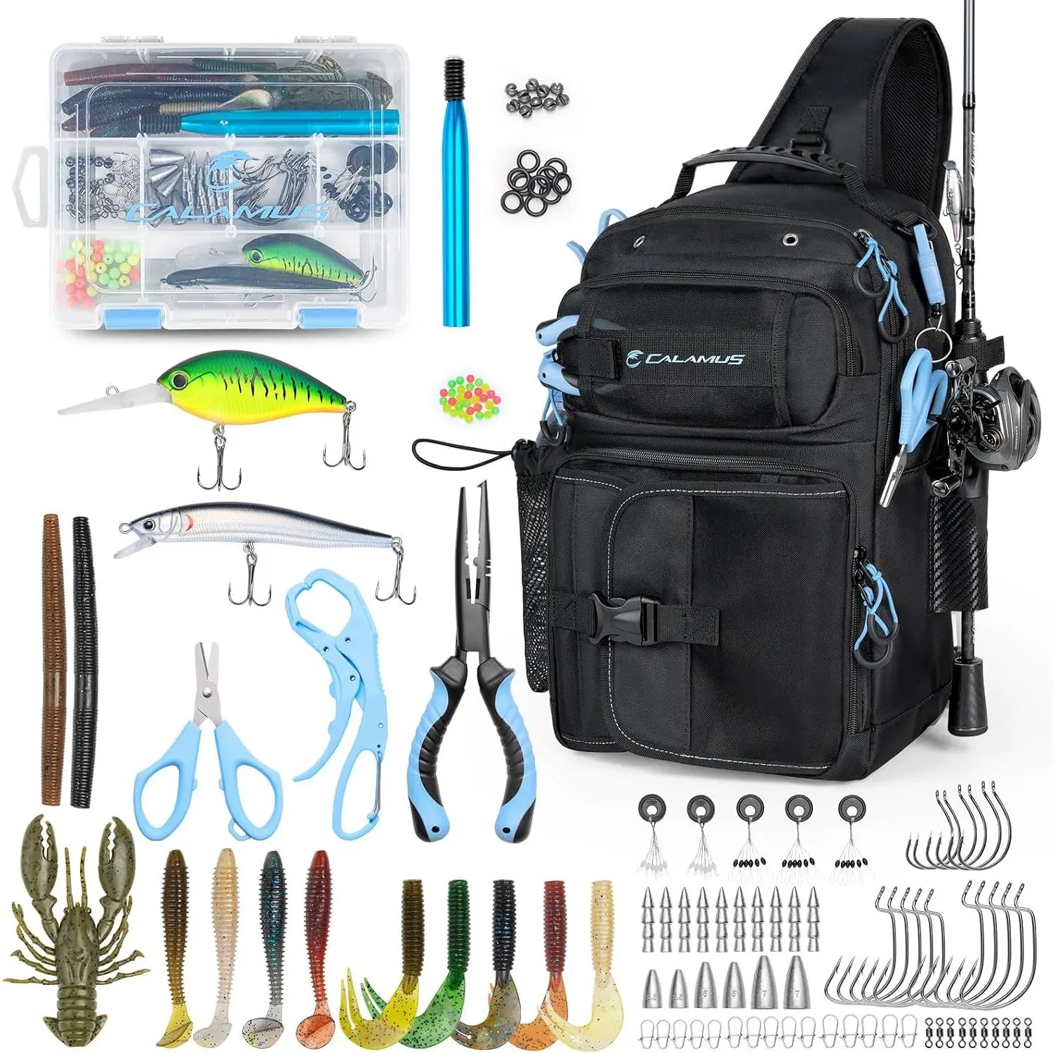 GearMaster Fishing Sling Tackle Bag & Tool Set | Fully Equipped Tackle Kit, Tackle Box, Fishing Lures, Pliers & , Lip Gripper, Wacky Tool, Fishing Gifts for Men