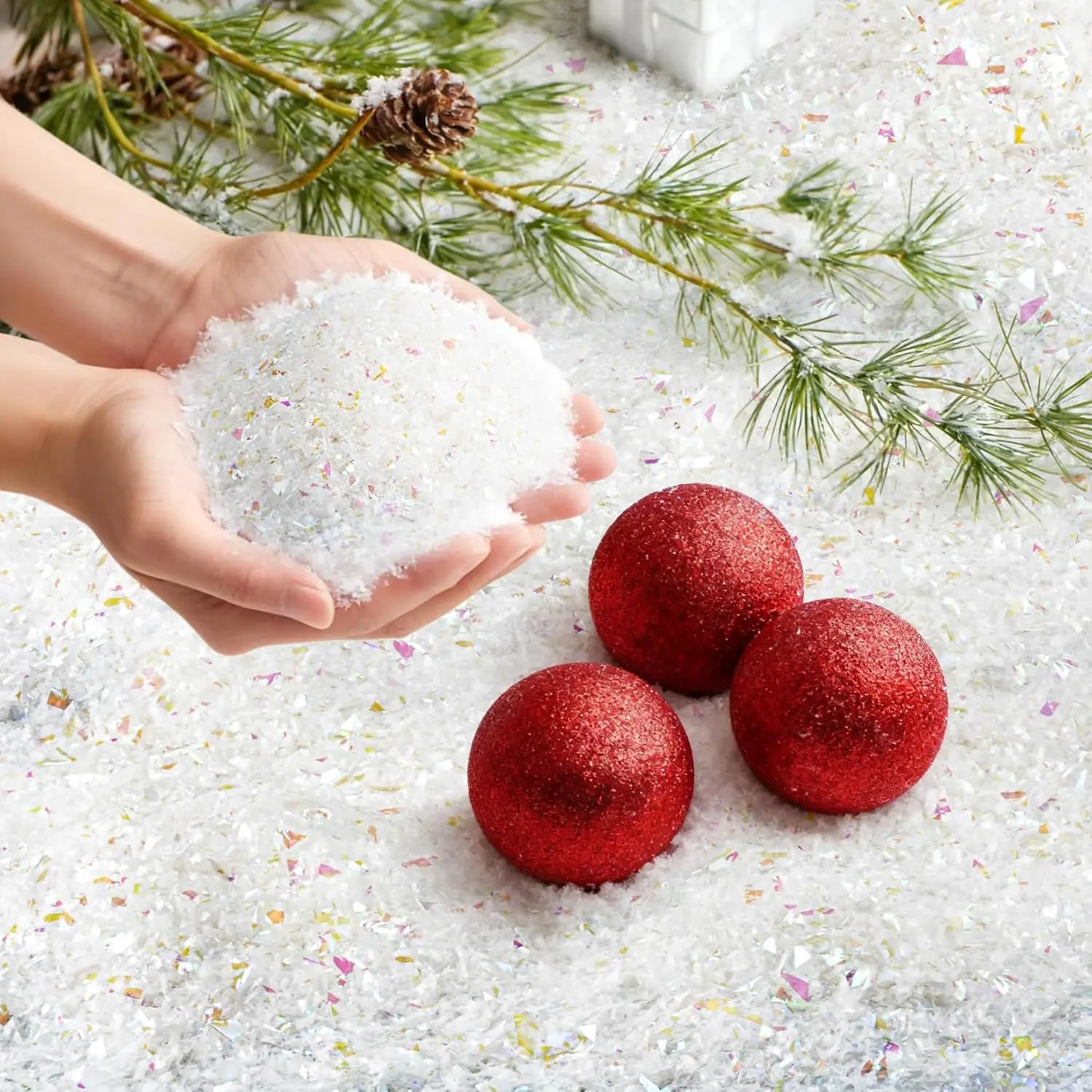 Fake Snow for Crafts - 7 Oz Artificial Snow for Holiday Decor Instant Snow White Party Decorations for Christmas Village Display Clear Glitter Snowflakes Plastic Colorful Snow Powder