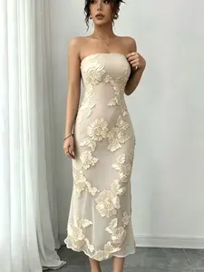 2026 Summer New Arrival Embroidered Off-Shoulder Crop Top Floral Formal Party Bodycon Dress, European and American Style Evening Gown