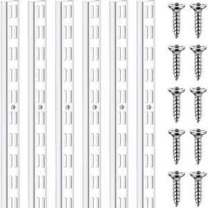 6 Pcs Dual Track Upright Wall Shelving System Heavy Duty Support System Twin Slot Shelf Rail Shelf Standards for Pantries Linen Closets Laundry Rooms(White,47.5 Inch)