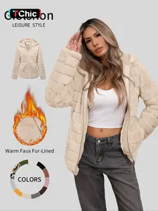 Women's Faux Fur Coat, Casual Chic Fall & Winter Woven Jacket, Thick Fabric Hooded Drawstring Pocket Design, Daily Wear Outerwear