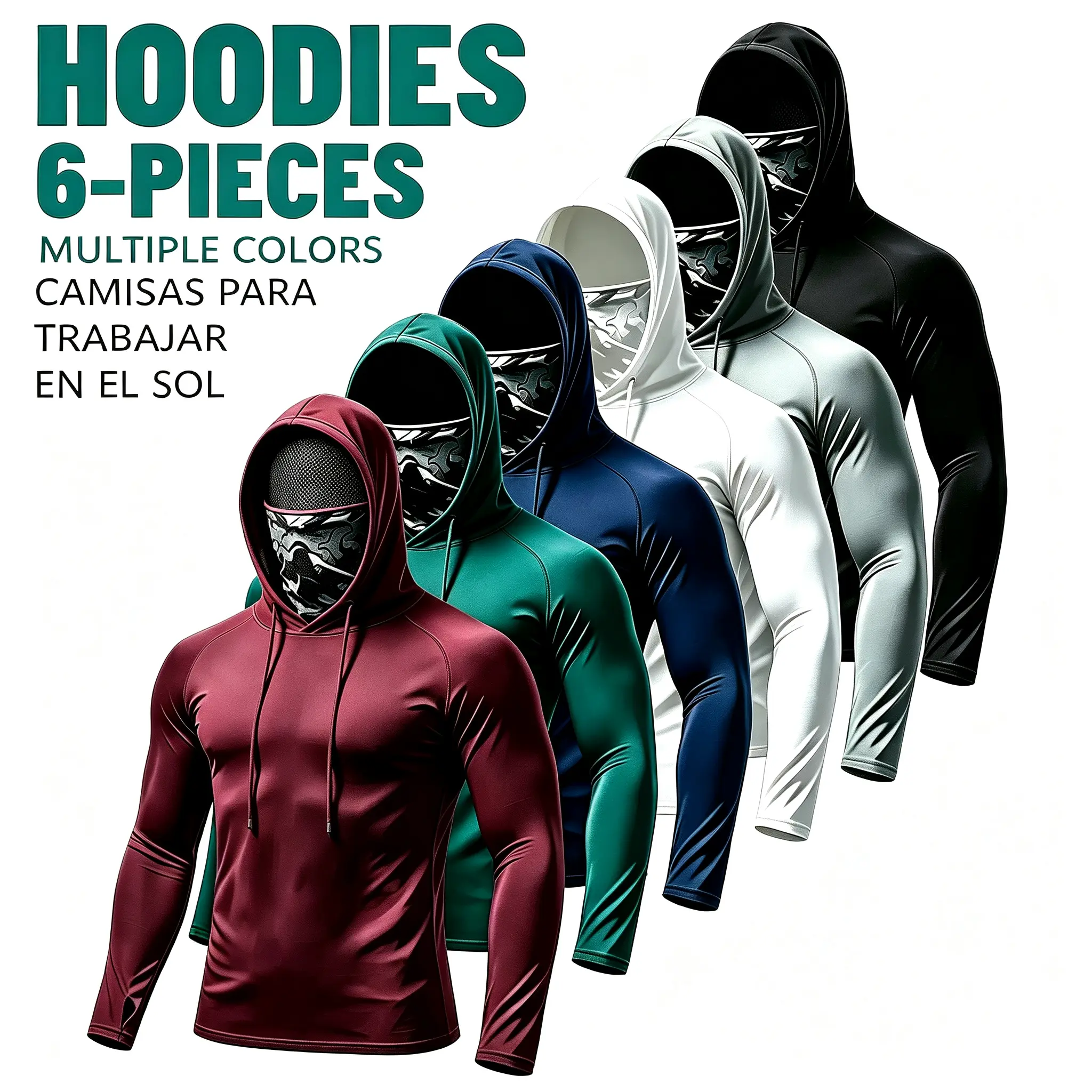 Men'S 6 Pack Balaclava Hoodie UPF50+ UV Sun Protection Compression Long Sleeve Shirts With Face Mask Extended Neck Guard Quick Dry Moisture Wicking Breathable Stretchy Lightweight Polyester Athletic Tops For Fishing Hiking Construction Outdoor Gym Workout