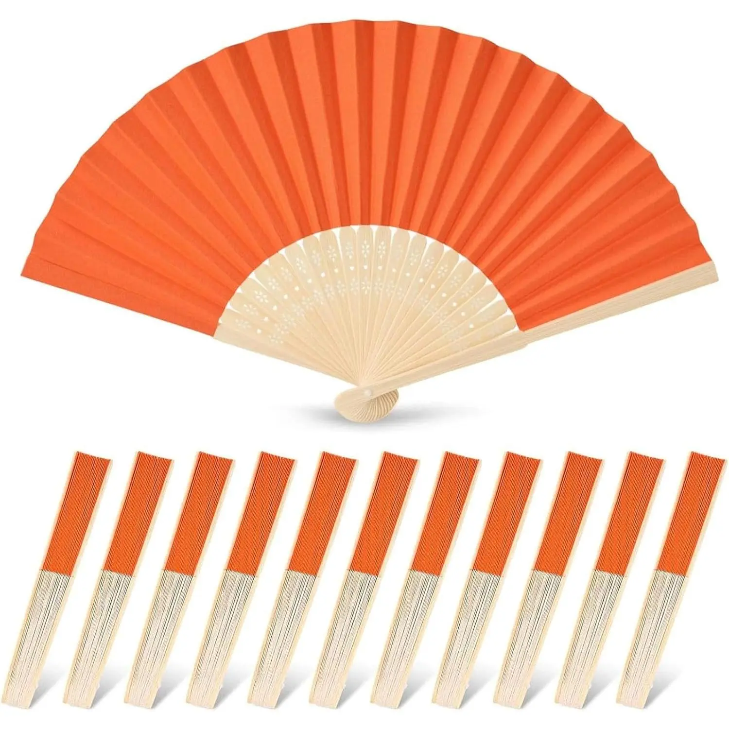 12 PCS Bamboo Decorative Orange Paper Handheld Fans, 8.3 in Foldable DIY Fans for Wedding Bridal Shower, Home Holiday Decoration Photography Props