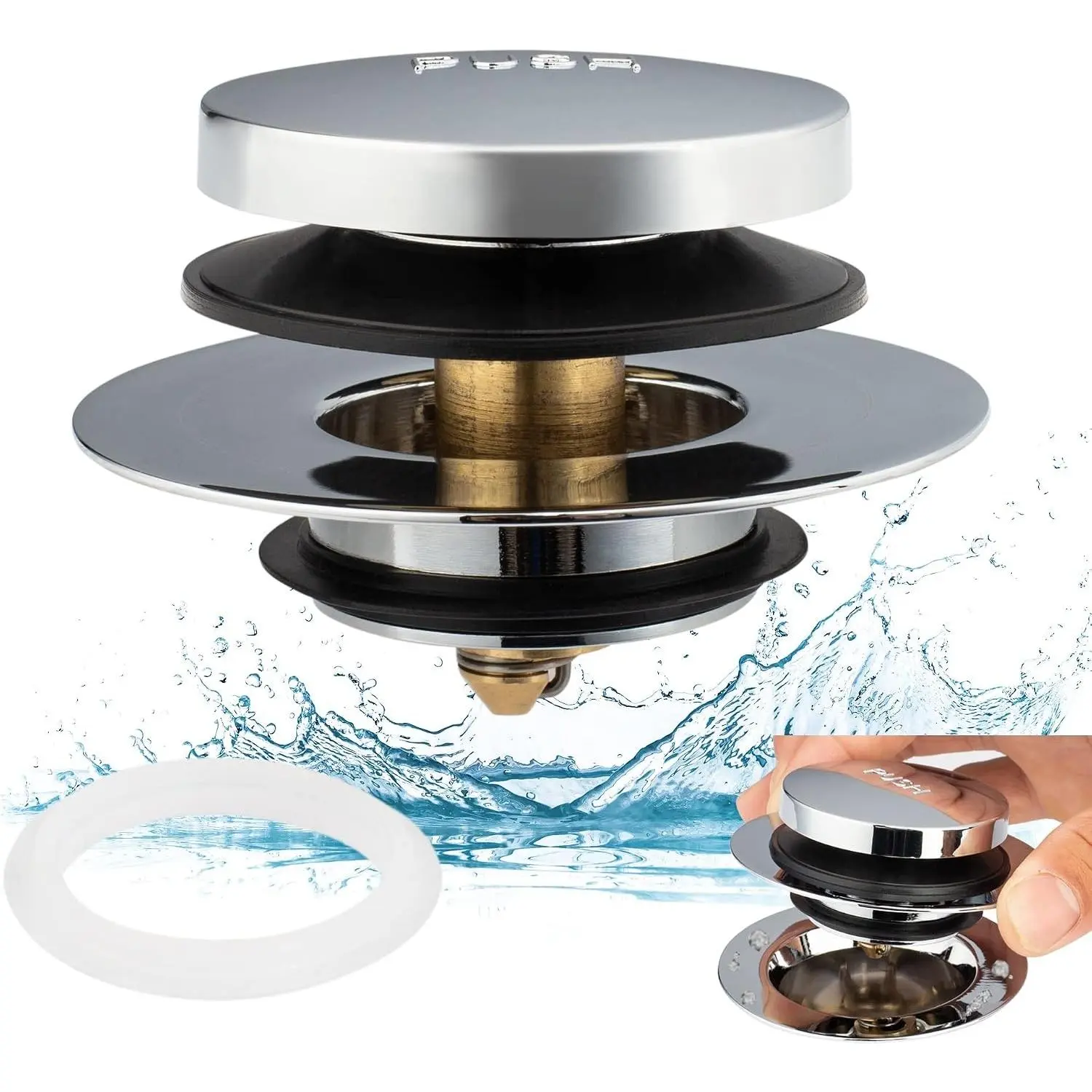 Universal Tip Toe Bath Drain Stopper and Cover, Bathtub Drain Stopper, Replaces Lift and Turn, Tip-Toe and Trip Lever drains for Tub, EZ Installation and Clearing (Chrome Plated)