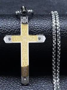 The Lord's Prayer Cross Bible Spanish Verse Necklace Stainless Steel Jesus Bible Catholic Believer Necklace cordao masculino