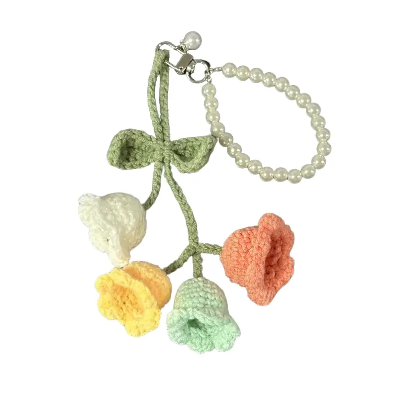 Handmade Crochet Tulip Keychain with Pearl Bracelet, Yarn Flower Bag Charm, Cute Country Style Accessory for Women, Girls, Moms, Wives, Friends