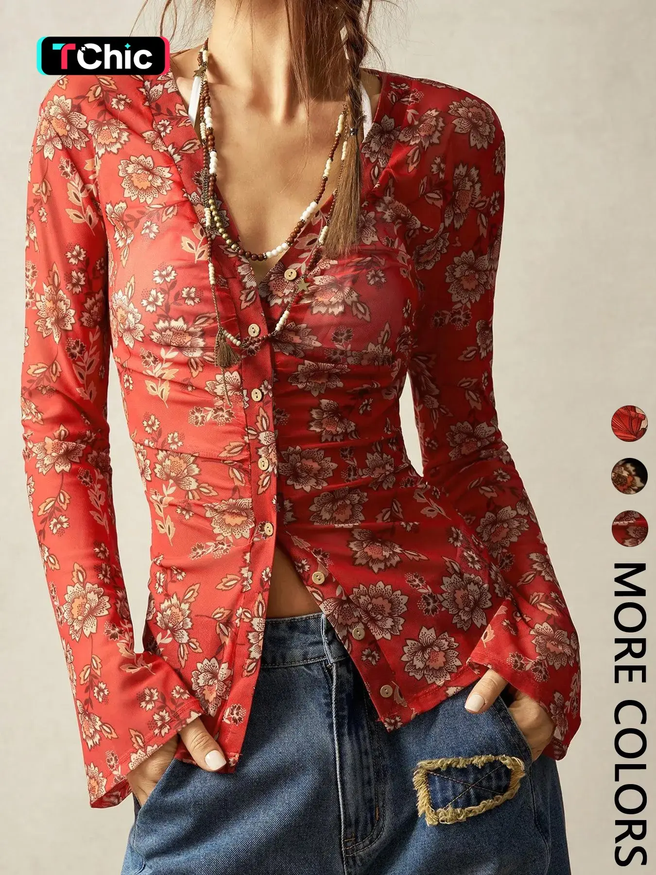 Boho Vintage V-Neck Flared Sleeve Blouse For Women, Bohemian Style Vacation, Simple Fashion Casual Everyday Wear