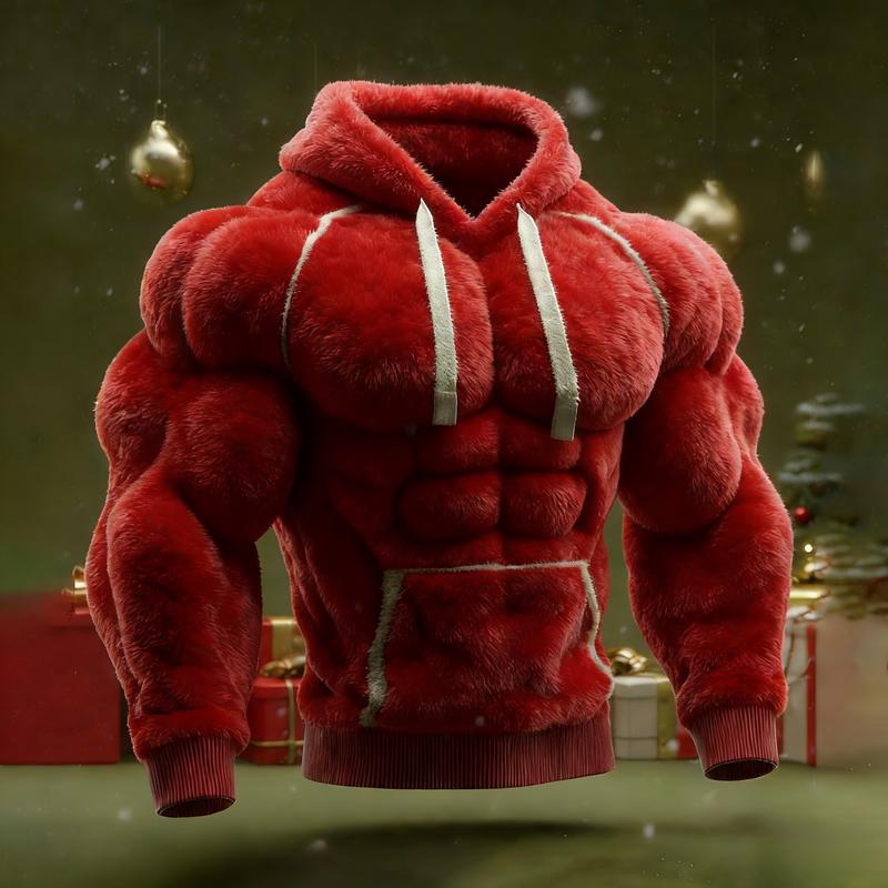 Men's 2D Muscle Sculpted Teddy Fleece Hoodie - Oversized Quilted Fuzzy Sweatshirt for Streetwear & Winter Warmth Dark Muscle-Feel Fleece Hoodie with 3D Tailored Chest Abs and Arm Sculpting