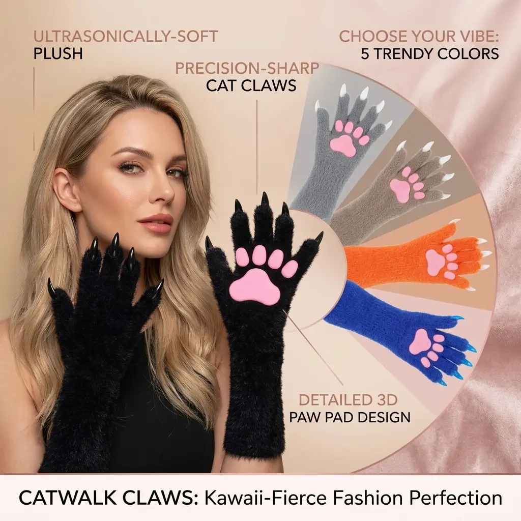 Women's Halloween Long Beast Gloves with Silicone Paw Pads and Resin Tips - Cosplay Ghost Props