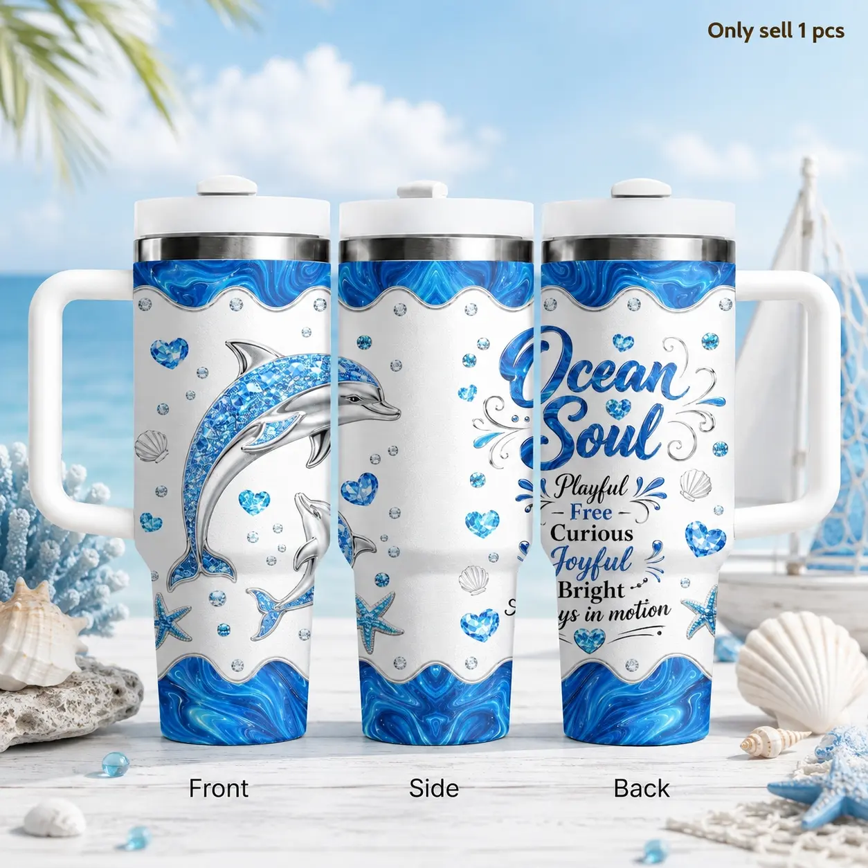 Blue Dolphin Suggestion Vacuum Flasks 40oz Stainless Steel Drinkware Insulated Tumbler Cup with Handle & Straw Leakproof Travel Mug