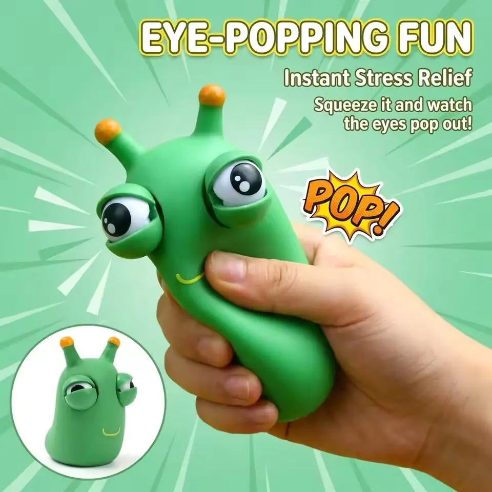 1-3Pcs 7*5cm Green Worm Eye-Popping Squishy Stress Relief Toy - Unisex Fidget Sensory Tool for Adults, Instant Stress Relief, Adult Birthday Gift Decoration; Note: Keep Away from Fire, Do Not Use Boiling Water, Squishy Stress Relief Toys, Never Boiling Wa