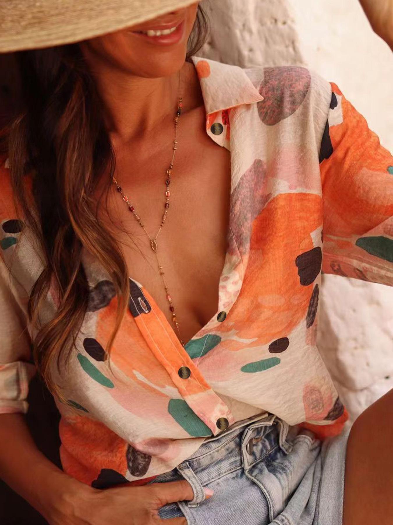 Women's All Over Print Fitted Blouse, Casual Classy Fashion Long Sleeve Button Closure Top for Daily Wear, Ladies Clothes for All Seasons, Shirts