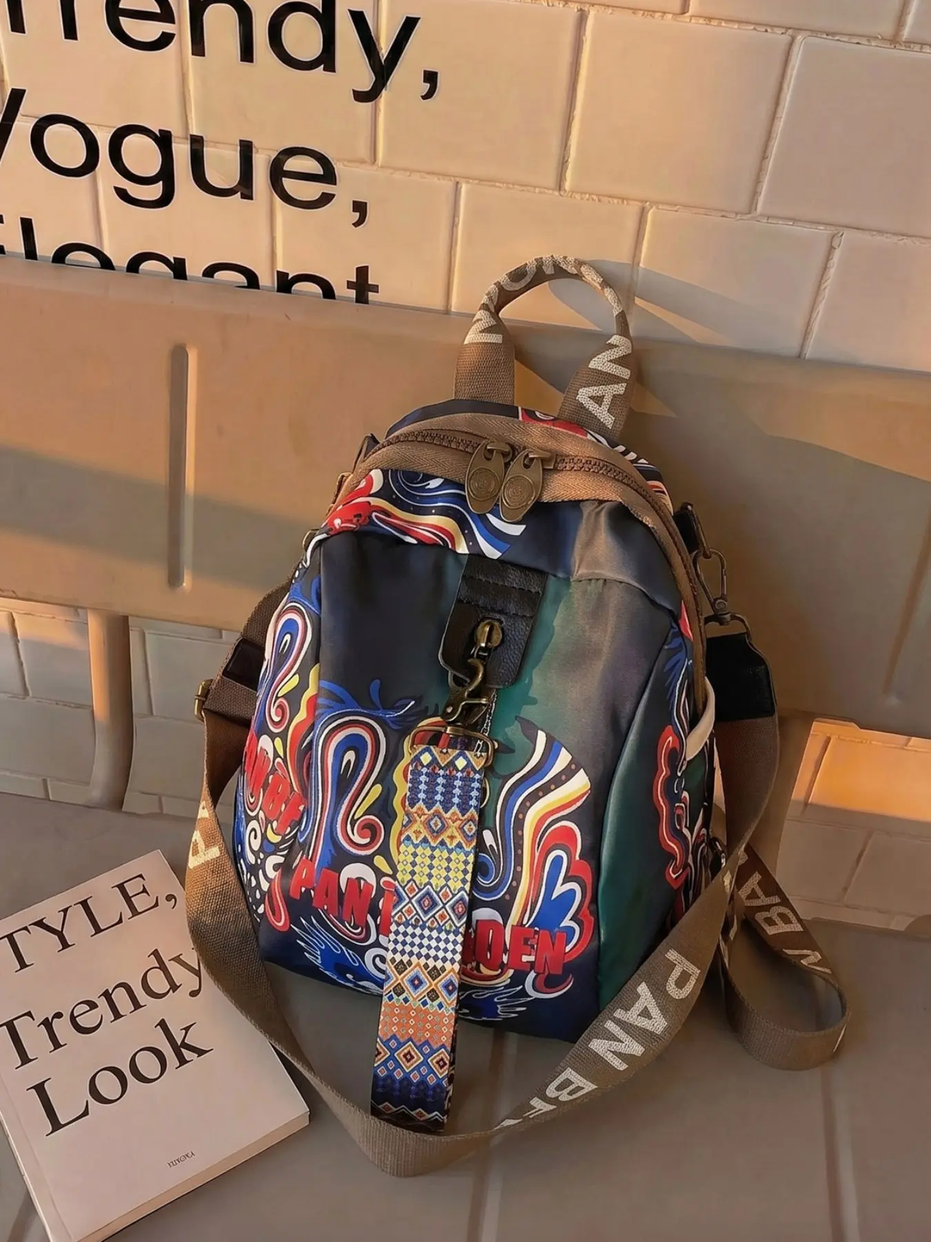 Ethnic Style Colorblock Print Multifunctional Everyday Backpack, Lightweight Casual Women's Shoulder Bag, Vintage Ethnic Print Crossbody Bag