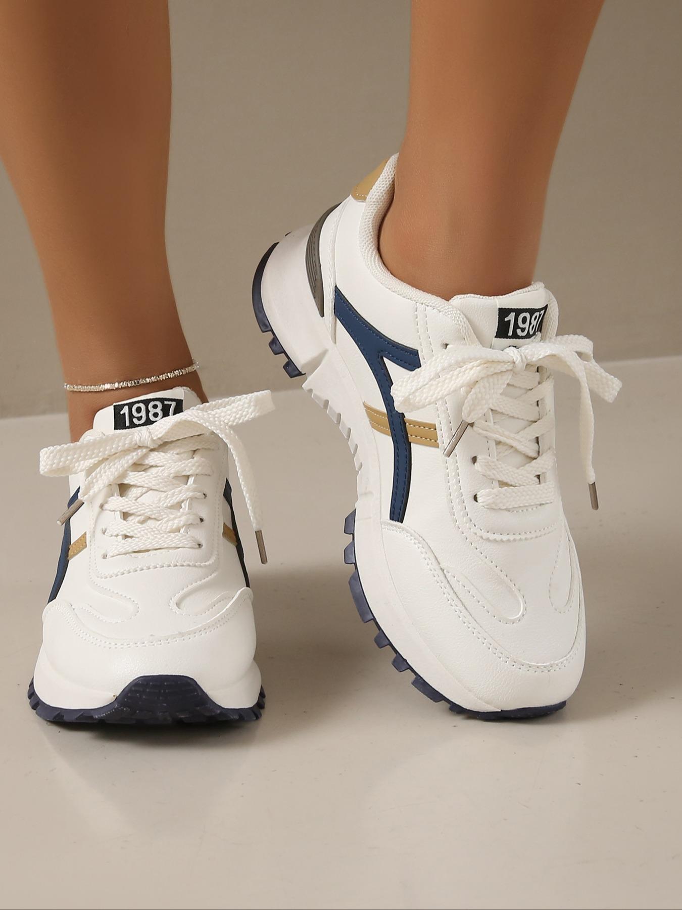 Women's Fashion Letter Label Decor Lace up Low Top Trendy Walking Sneaker, Casual Comfortable Sports Shoes for Daily Wear, Breathable Non-slip Walking Shoes1123