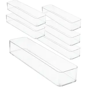 primebox Plastic Clear Drawer Organizers. Bathroom, Kitchen, Bedroom, Gadgets, Office Organizer Bins, Storage Trays. Heavy Duty, Stackable. 12" x 3" x 2" Set of 6