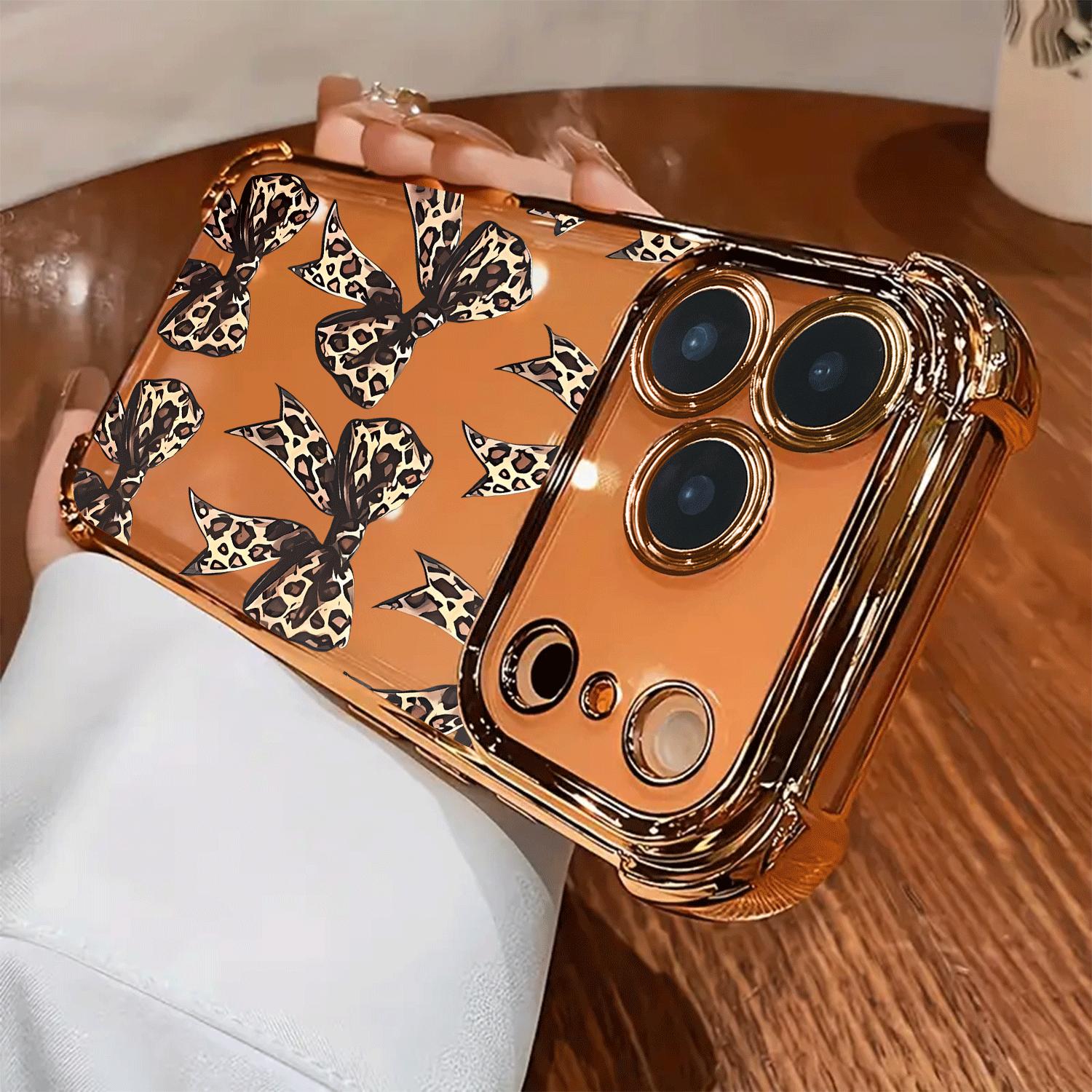 Creative Leopard Print Bow Pattern Four-corner Thickened Mobile Phone Case for iPhone 17 Air 16 15 14 13 12 11 Pro Max Plus border Electroplating with counter-fall Safety Cushion 2D printing Cellphone Smartphone