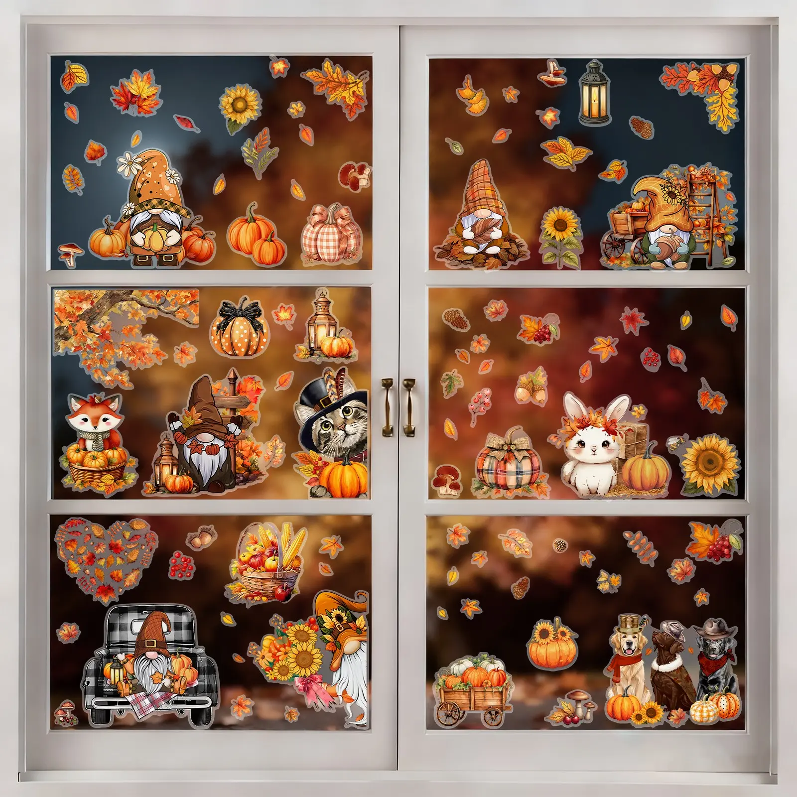 Thanksgiving Static Film Decorative Stickers Set, 9 Sheets, 11.81x7.87 Inch, Removable Without Residue, Holiday Glass Window Decoration
