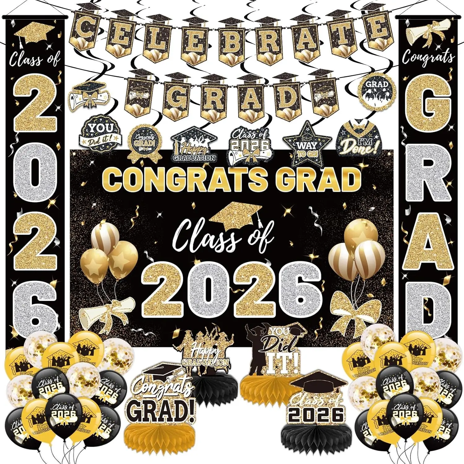 Black and Gold 2026 Graduation Party Decor Kit Includes Backdrop, Banner, Balloons, Hanging Swirls & Honeycomb Centerpieces for Class of 2026 Full Set for High School and University Graduation Events