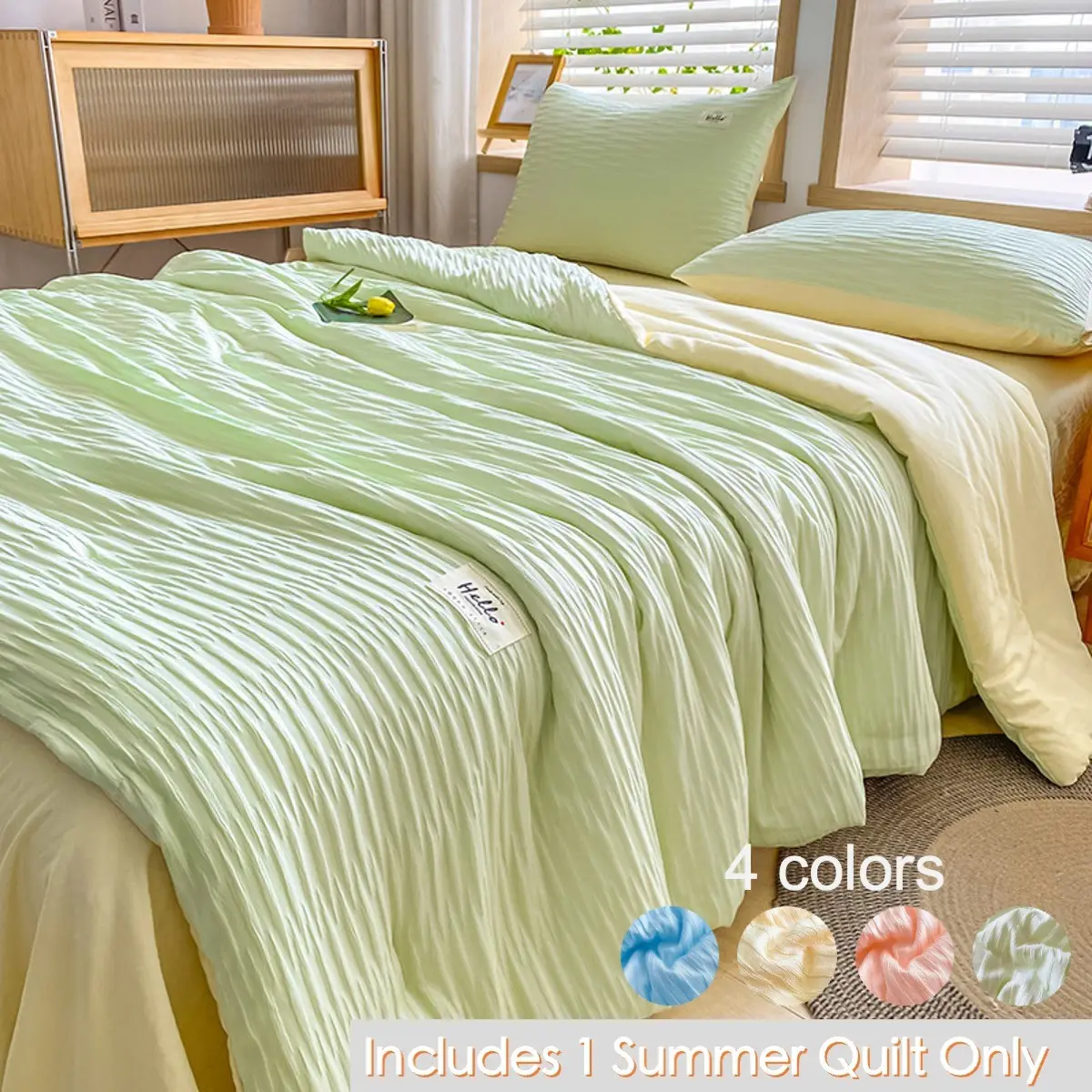 1-Piece Solid Washed Crinkle Summer Comforter, Lightweight Breathable Air-Conditioner Quilt, Cooling Quilt, Skin-Friendly Vertical Stripe Blanket, Light Green, Sky Blue Available, Multi-Size for Bedroom, Dorm, Hotel, Guest Room, Apartment and Guesthouse