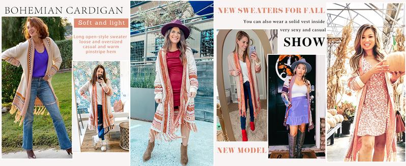 Saodimallsu Women Boho Cardigan Sweater Long Open Front Maxi Knit Sweaters Aztec Tribal Tassel Fringe Thin Coat